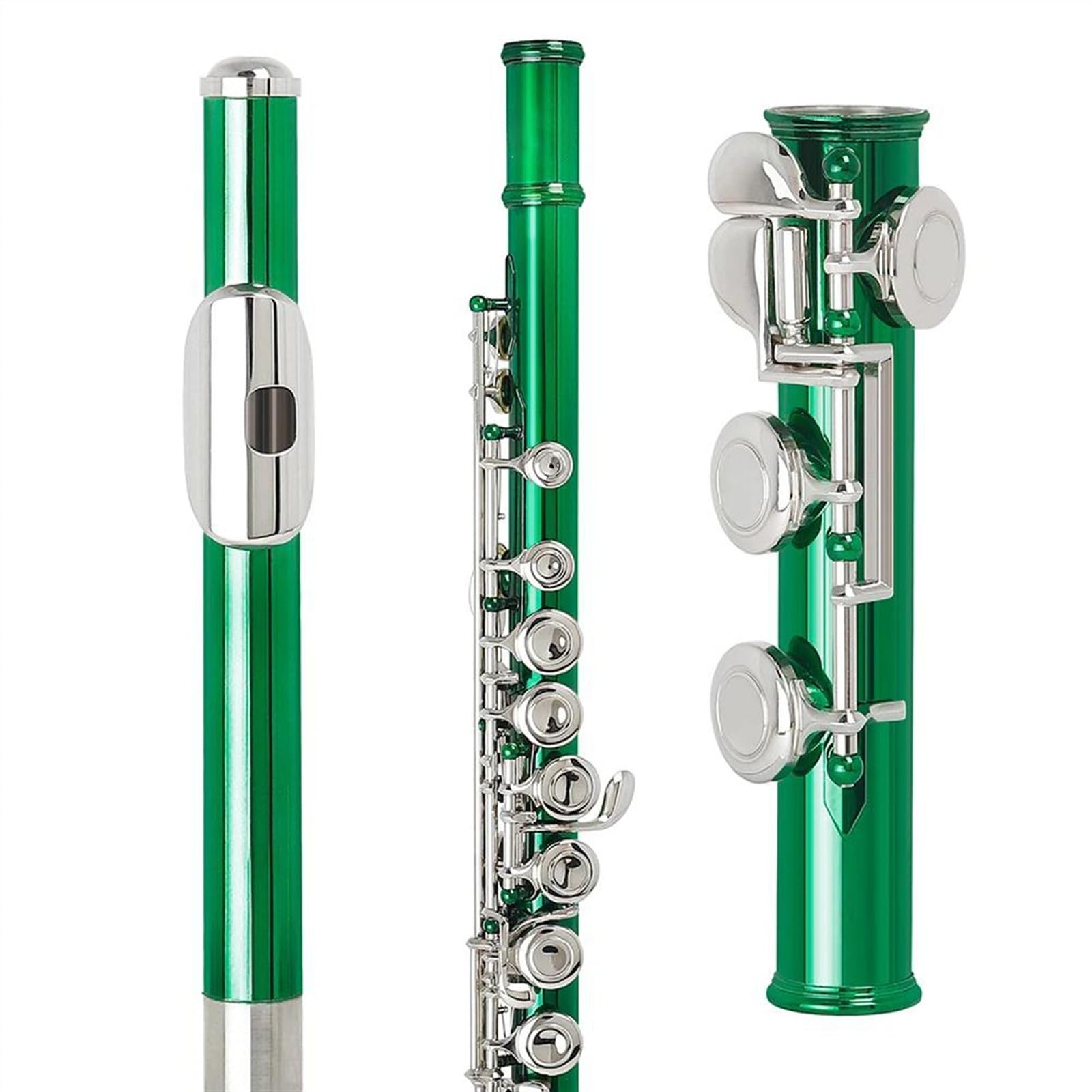 Flauta de llave plateada niquelada con tubo de cuproníquel verde de 16 agujeros con estuche y soporte para flauta Flauta Travesera Kit