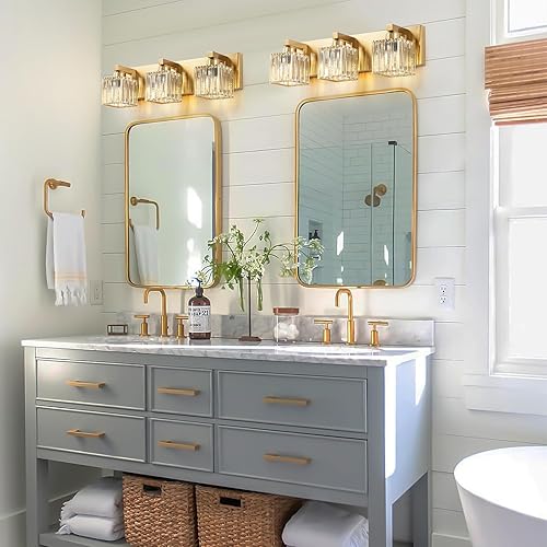 Miniatura 6 de Luces de tocador de baño de cristal dorado, modernas, 3 luces, accesorios de iluminación de baño sobre espejo, lámpara de pared de cristal dorado