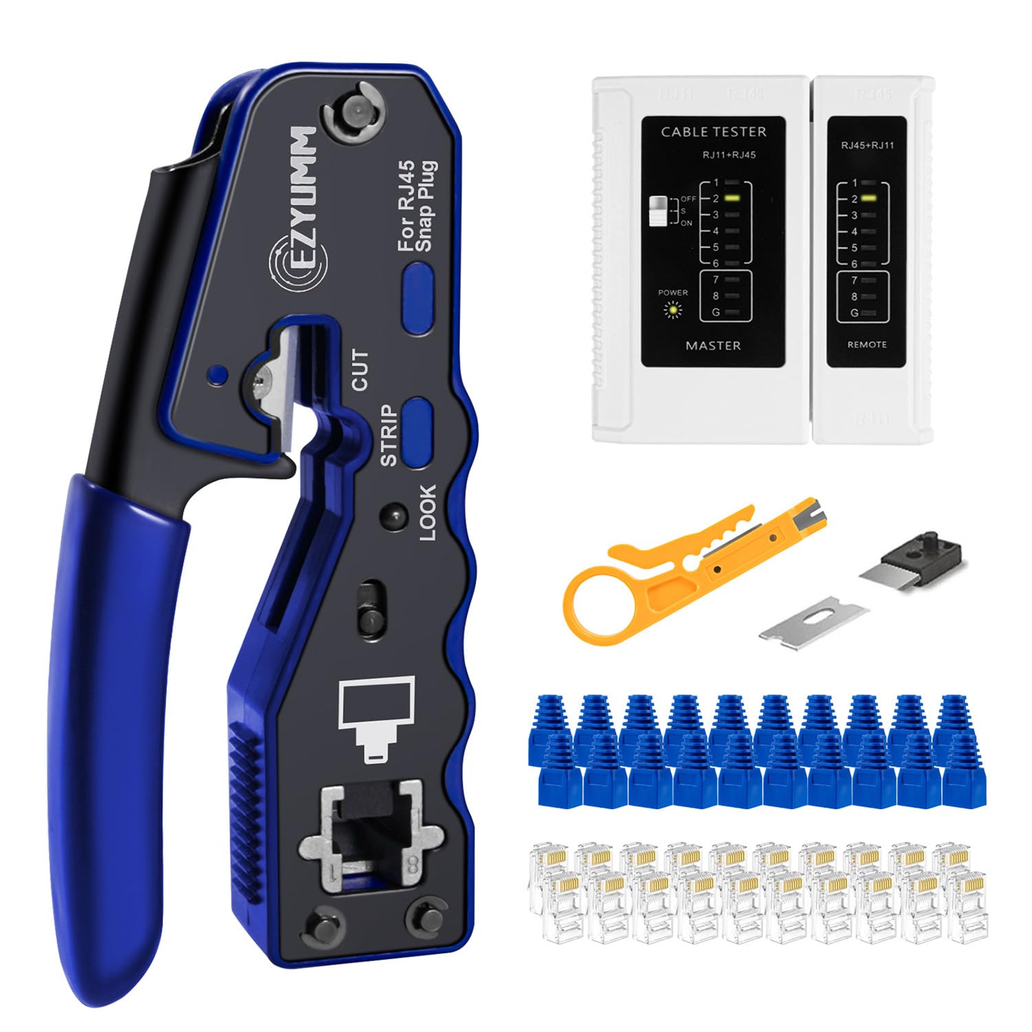 RJ45 Crimp Tool Kit, Pass Through Ethernet Crimper, Professional Ethernet Crimping Tool Kit, RJ45 Crimp Tool and Tester(9V Battery Not Included) All-In-One Kit for Cat5e Cat6 Cat6a 8P8C
