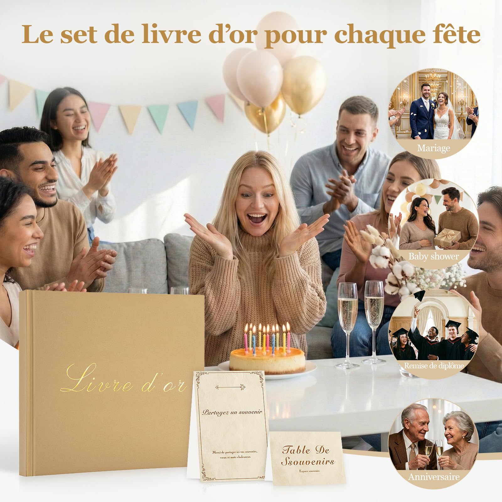 Livre d’or Kraft 20×20 cm Dorure Vintage Papier Épais Anti-Transfert Reliure Rigide Avec Chevalet et Cartes