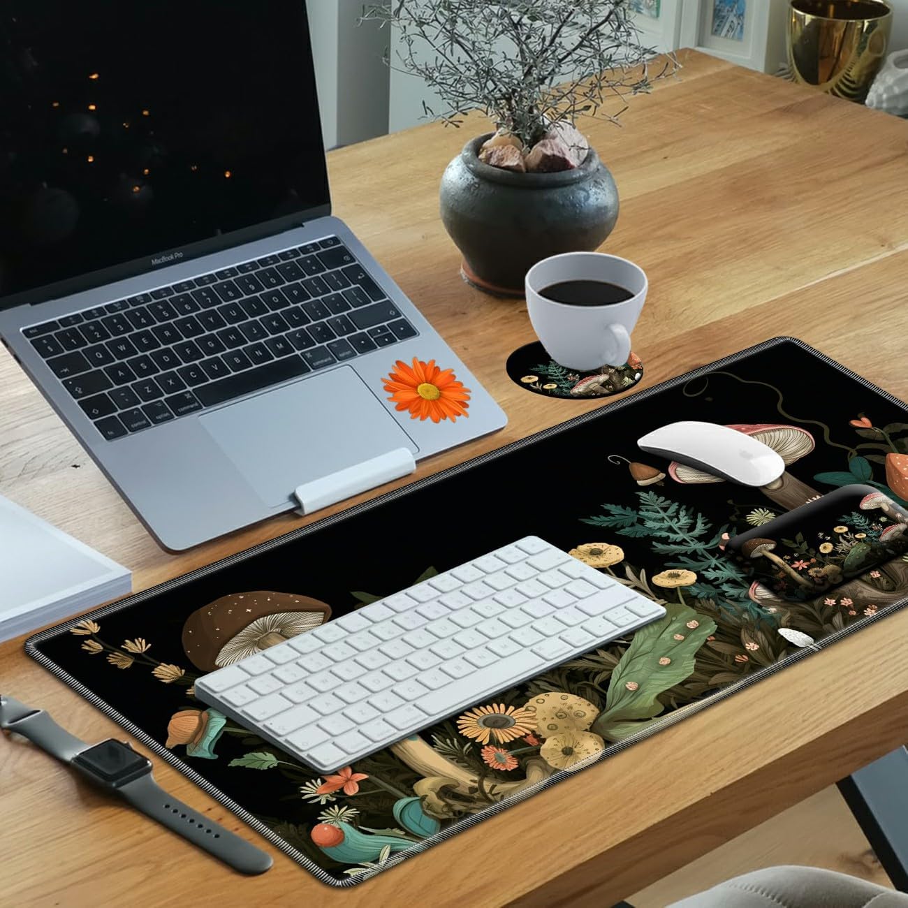 Laptop Mouse Pad 27.5 x 11.8 inch & Small Wrist Rests with Coasters and Mushroom and Flower Printed Design Ergonomic Mouse Pad with Wrist Rest Memory Foam for Easy Typing Pain Relief