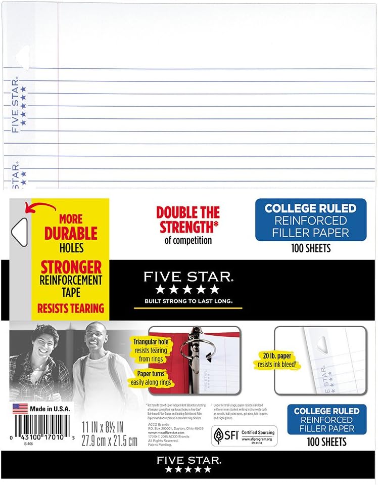 Five Star Loose Leaf Paper, 3 Hole Punched, Reinforced Filler Paper, College Ruled, 11" x 8-1/2", 100 Sheets/Pack, 1 Pack (17010) : Office Products
