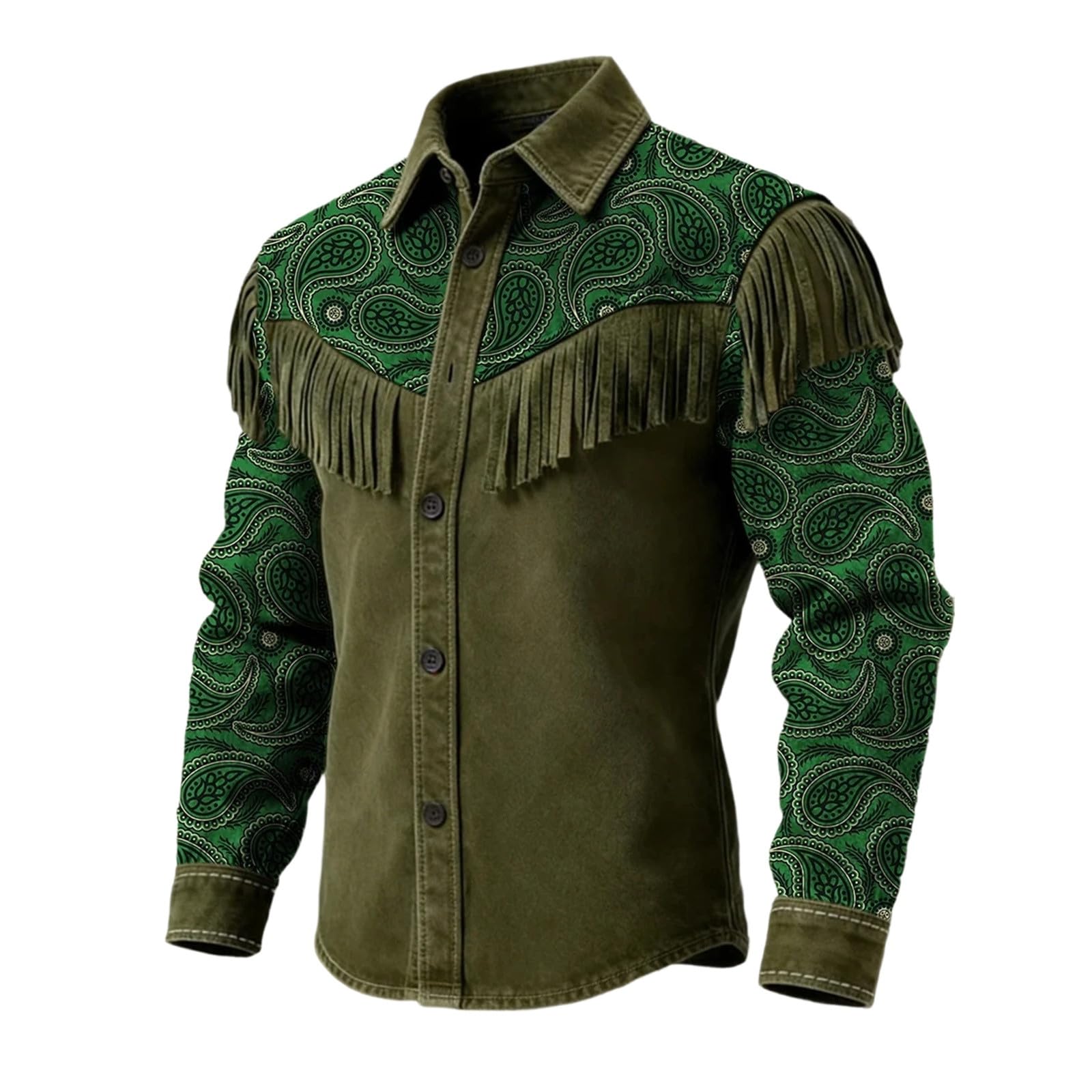 Caxndycing Cowboy Outfit Men's Western Cowboy Shirts Suede Colourful Fringe Jacket Long Sleeve Button Down Long Sleeve Work Shirts Fringe Shirt Hippie Jacket Cowgirl Outfits, Green, M