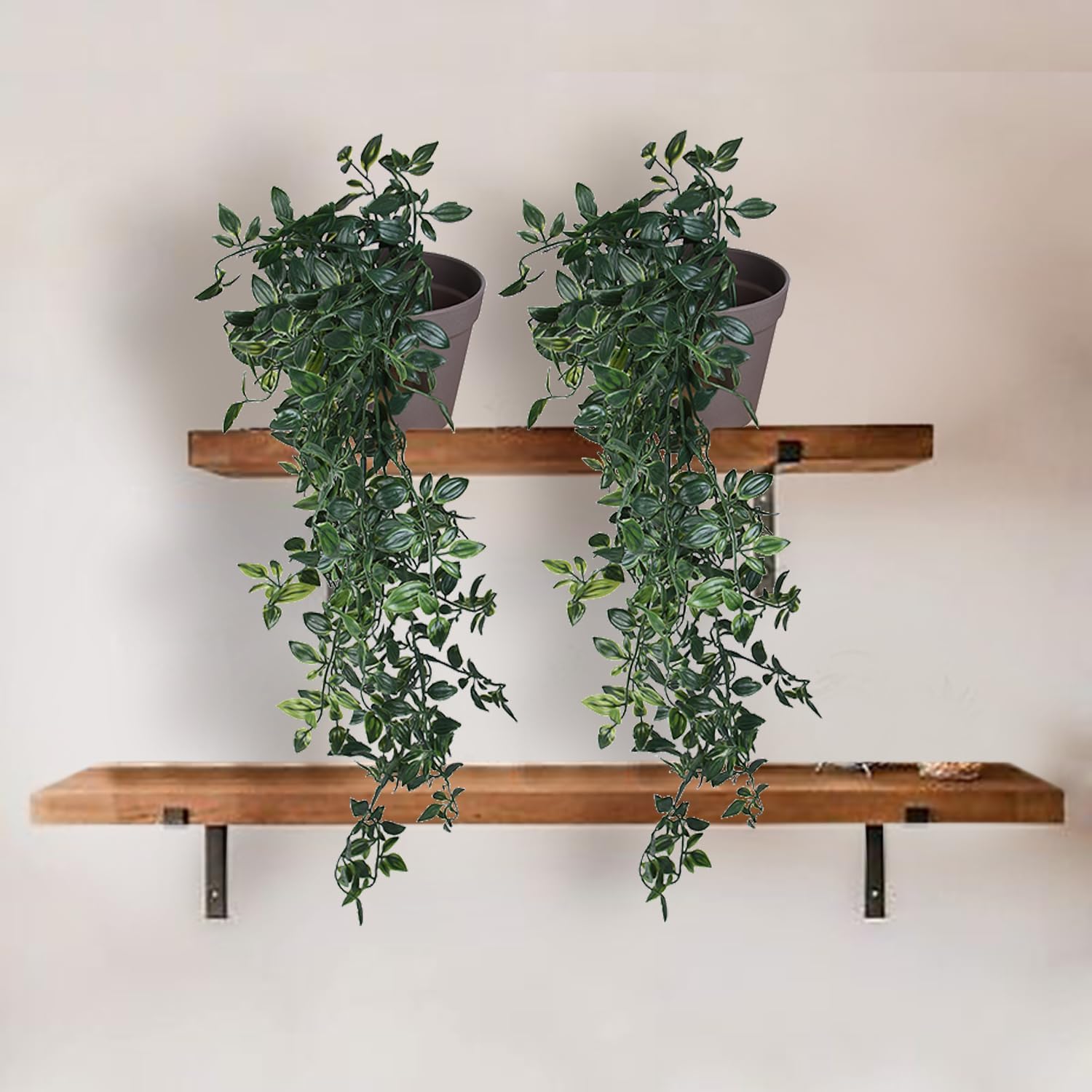VENTO 2 Pack Fake Artificial Hanging Plants with Pots, Faux, Vines, Pathos, Greenery for Home, Garden, Office, Balcony, and Indoor/Outdoor Decor, Durable Plastic, No Maintenance, Brown, 28x10x10 cm