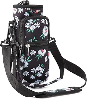 AUPET Water Bottle Sling Bag Sleeve Holder Carrier 25/32/40/64 oz,Insulated Crossbody Water Bottle Case Cover with Strap and Pockets for Men/Women Walking Hiking Camping (32oz, white flowers)