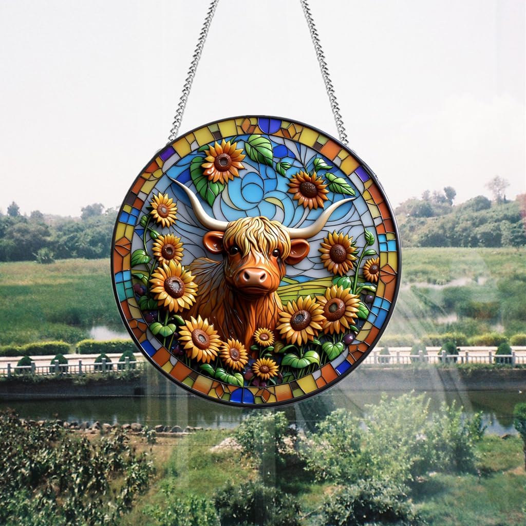 HOTIYOK Cow Sunflower Stained Glass Window Hanging Wall Art with Butterflies Glass Suncatcher for Indoor Kitchen Decorations, Gifts for Women Grandma Teacher Animal Lovers