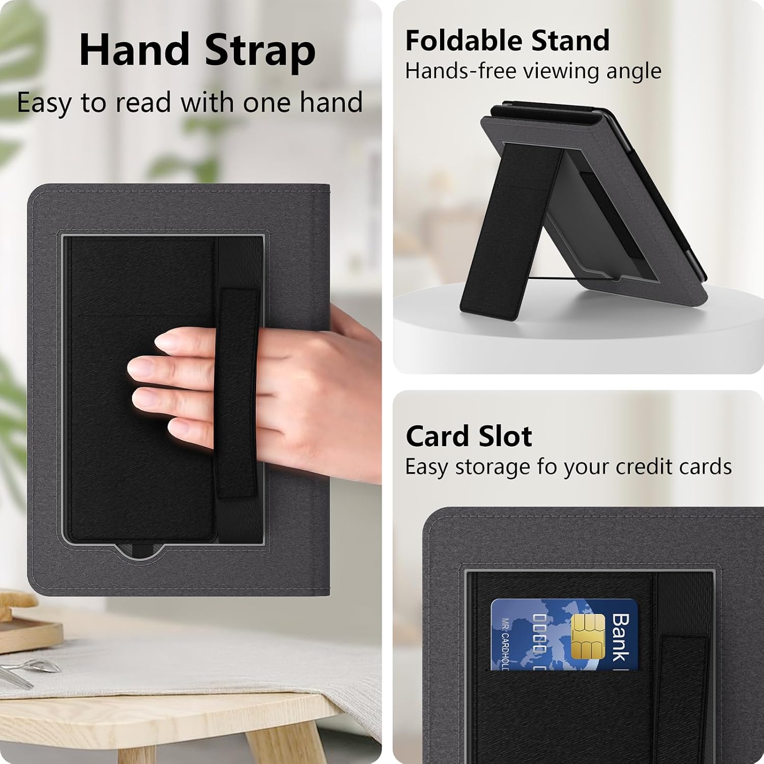 6in Case with Hand Strap and Stand,Incompatible with Old Version, Durable Synthetic Leather Cover with Auto Sleep Wake,Black