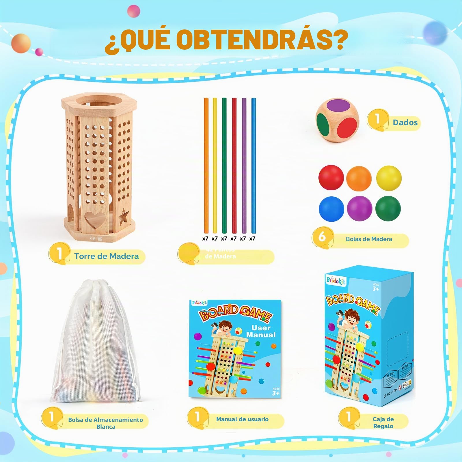 Juego Montessori, Juegos de Mesa 3, 4, 5, 6 años, Juegos Educativos Matematicas con 42 Palitos de Colores y un Dado, Juguete Familiar para Viajar al Aire Libre con Niños