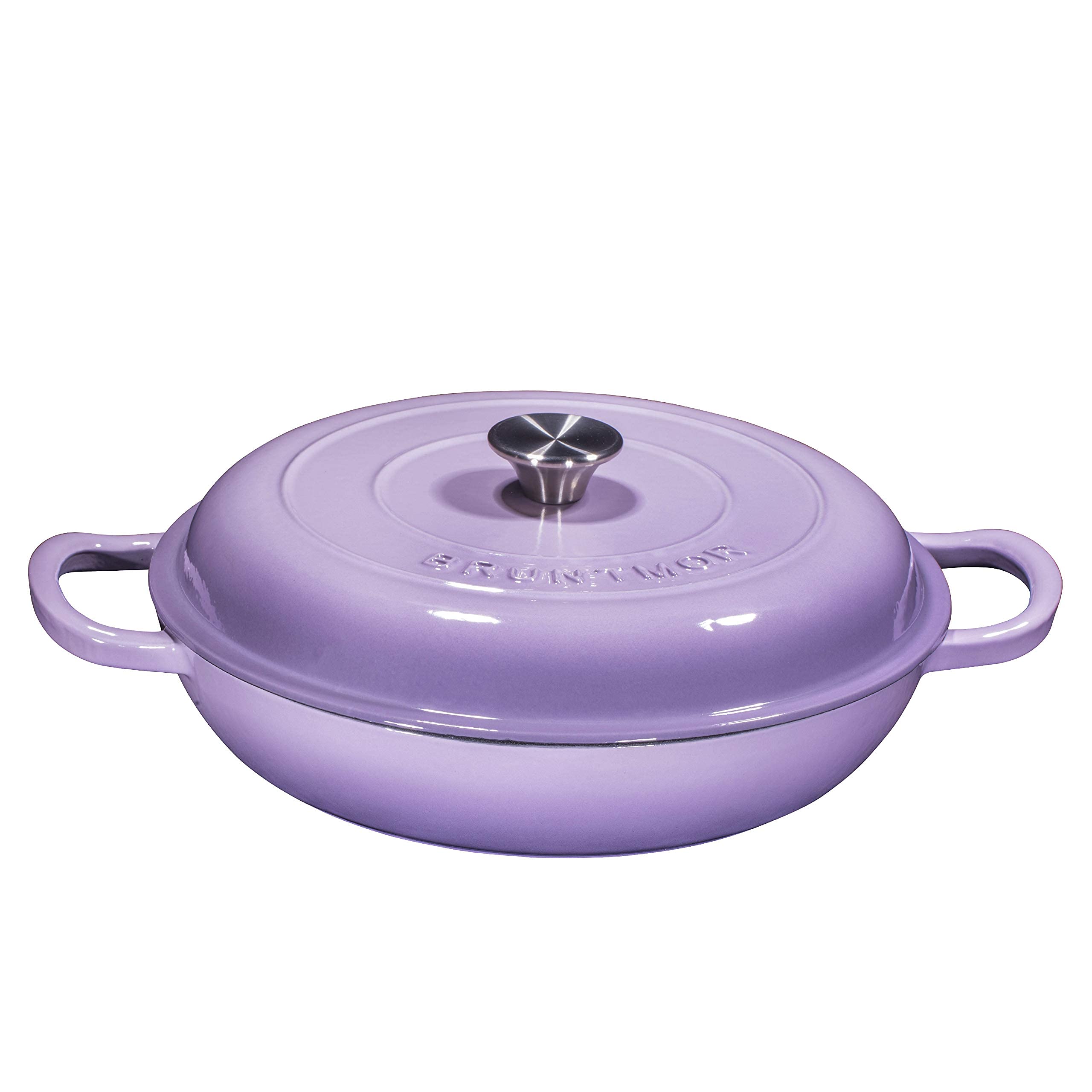 Bruntmor 3.8 Quart Enamel Cast Iron Dutch Oven With Handles And Lid, 3.8 Qt Lavender Cast Iron Skillet, Enamel Shallow Cookware Braising Pan For Casserole Dish, Crock Pot Covered With Cast Iron