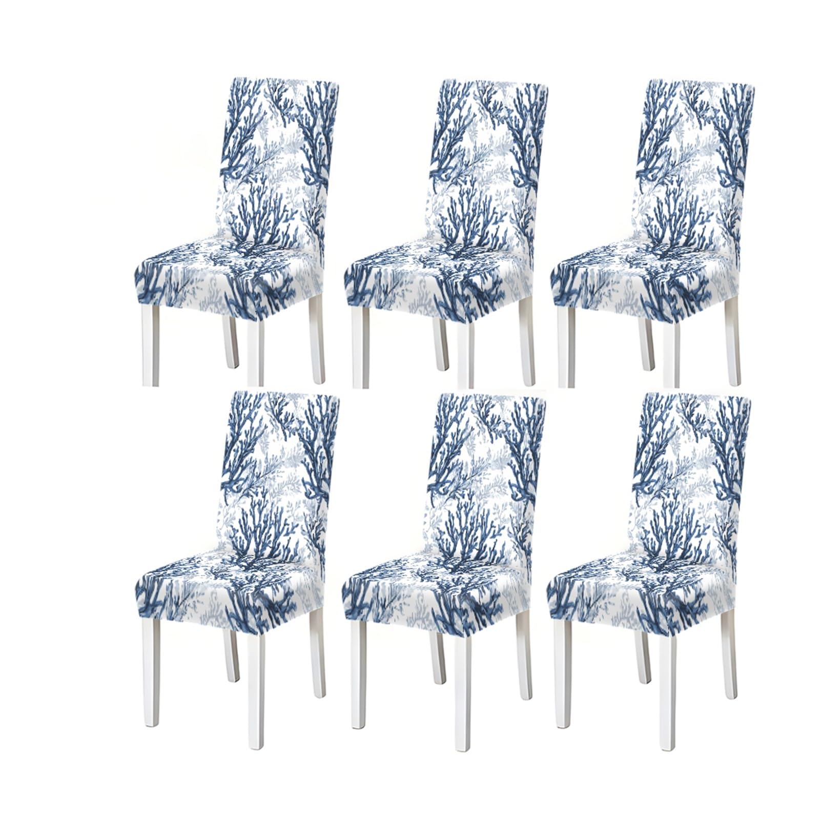 FZJKGH Navy Blue Coral Pattern Print Dining Chair Covers Set Of 2/4/6, Coastal Stretch Slipcovers For Kitchen Dining Room Removable Stretch Slipcovers for Dining Chairs(6PCSChair cover)