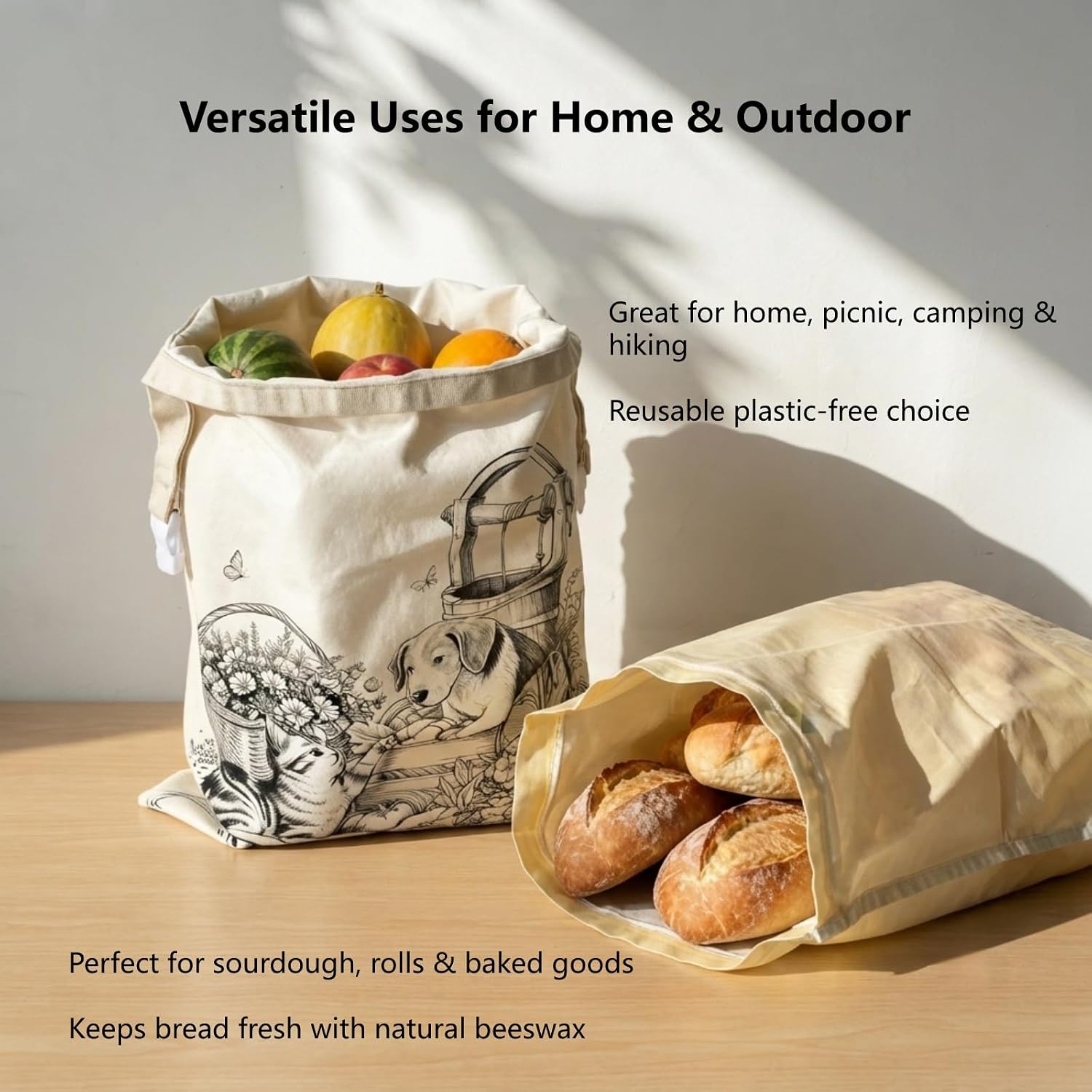 Beeswax-Bread-Bag 2-Pack, Reusable for Sourdough, 12.6 x 16.9 in, Detachable & Easy to Clean: Separate Cotton Cover with Snap Closure and Removable Beeswax Liner with Zipper