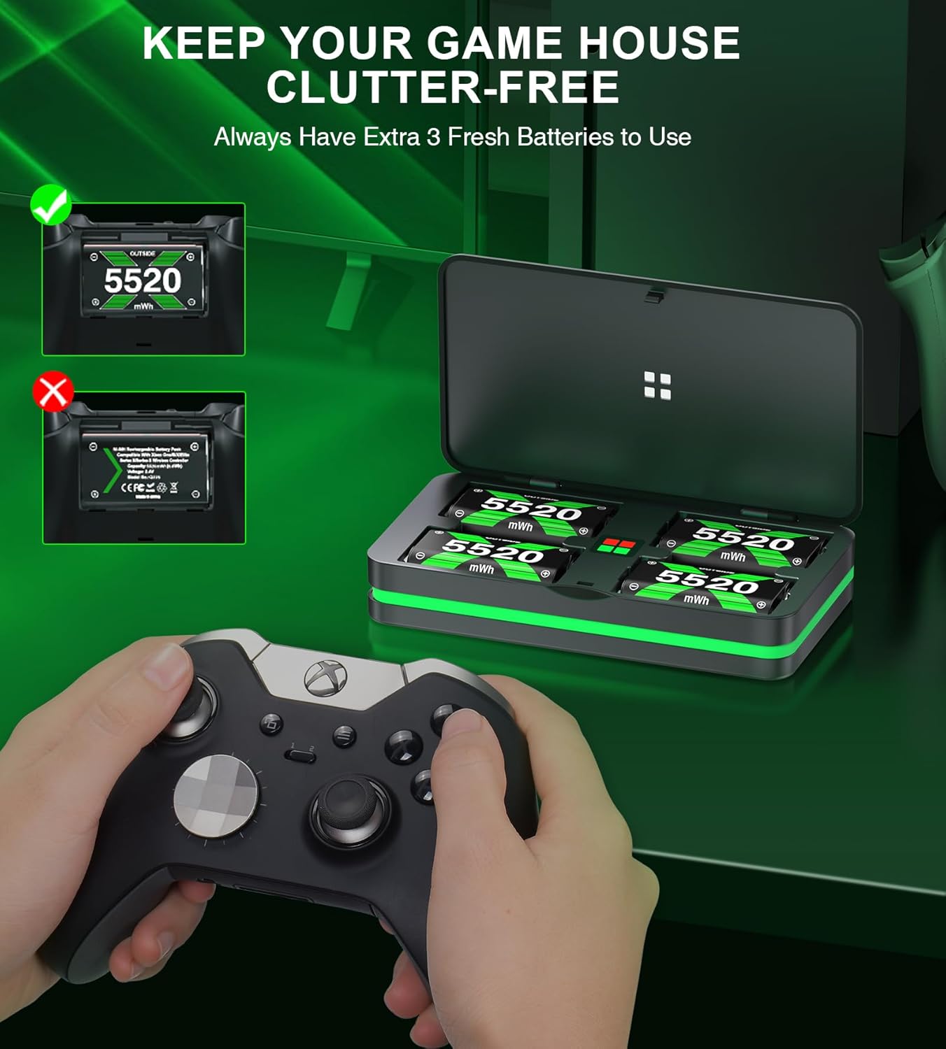 Upgraded Fast Charging Rechargeable Battery Packs with Light Control, 4 x 5520mWh Xbox Controller Batteries with Battery Charging Dock/Station for Xbox One/Xbox Series X|S, Xbox One S/X/Elite, Q226