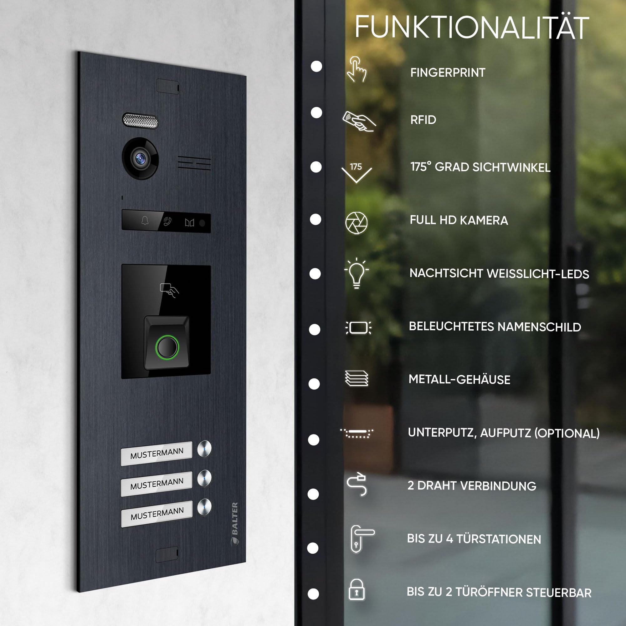 Balter EVO-HD Video Türsprechanlage mit Fingerprint, Video Türklingel, Smartphone App, 3 Familienhaus, 3X 7 Zoll Monitore, Türklingel mit Kamera Full HD, 2 Draht Bus, 175° Weitwinkel, RFID,1080P