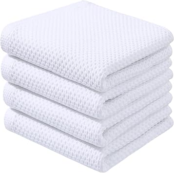 100% Cotton Waffle Weave Kitchen Towels, Soft and Absorbent Quick Drying Dish Towels for Kitchen, 13x28 Inches, 4-Pack, White