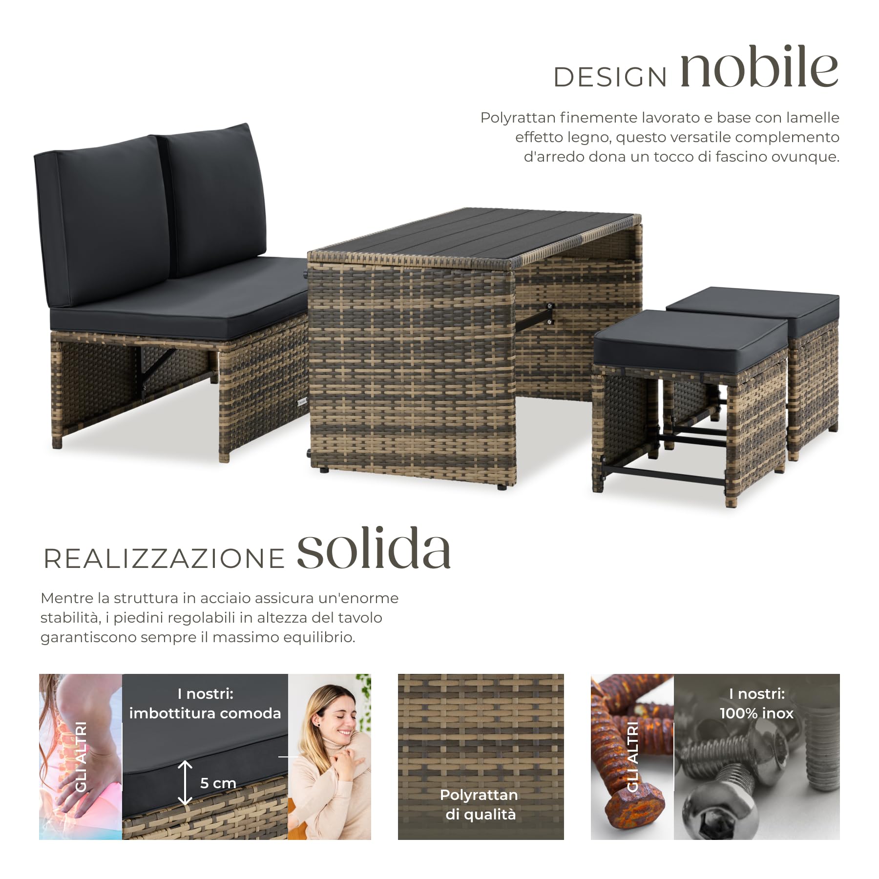 Tectake Set Salotto da Giardino in Rattan 2 in 1, Divano 2 Posti e Set Sedie, Cuscini Impermeabili, 4 Persone, Tavolino da Esterno, Naturale