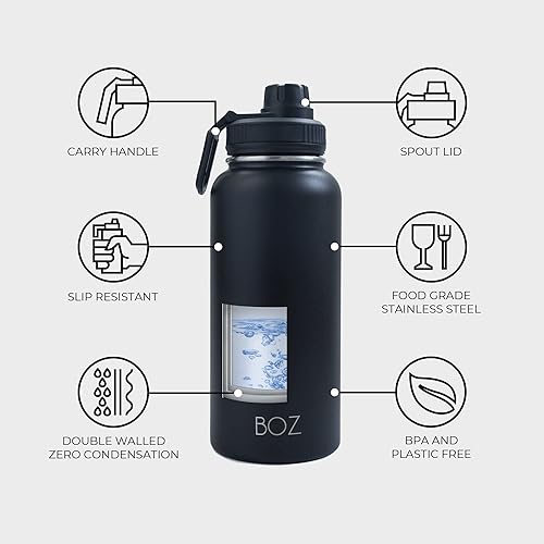 Miniatura 4 de BOZ Botella de agua de acero inoxidable XL 1 L  32 onzas de boca ancha sin BPA aislada al vacío de doble pared negro mate