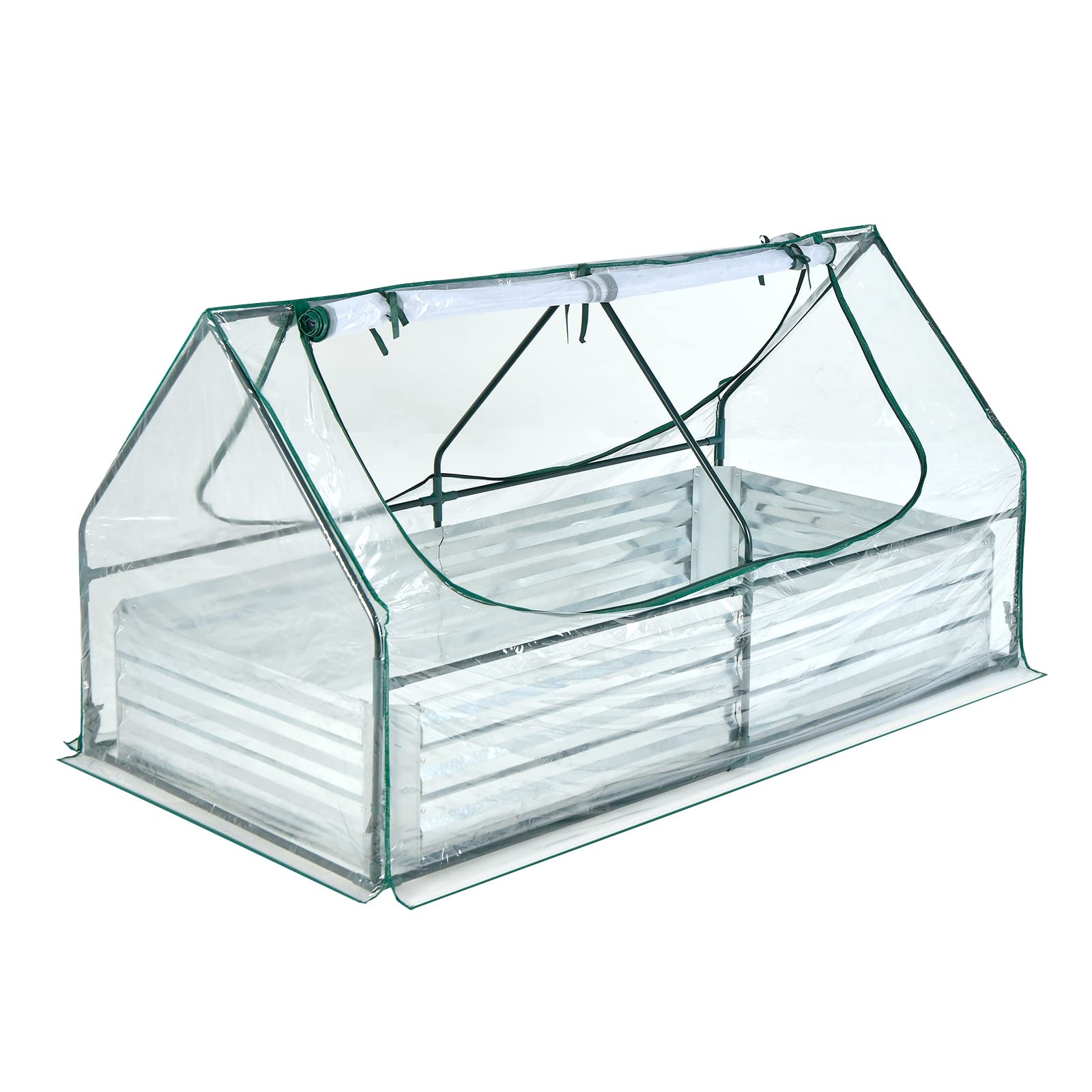 GOPLUS Jardinera elevada de Acero galvanizado con Cubierta de Mini Invernadero, Conjunto de Caja de Plantas al Aire Libre de Metal con Grandes Ventanas de Malla de Alambre
