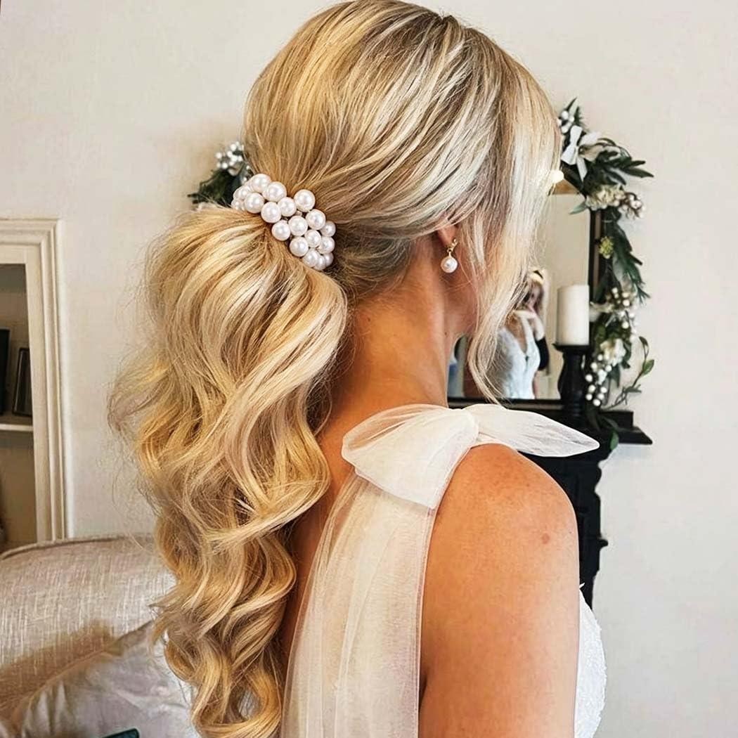 Fashey Pearl Hair Tie Beaded Hair Scrunchies Fancy Ponytail Holder Pearl Hair Accessories for Women (Beige)