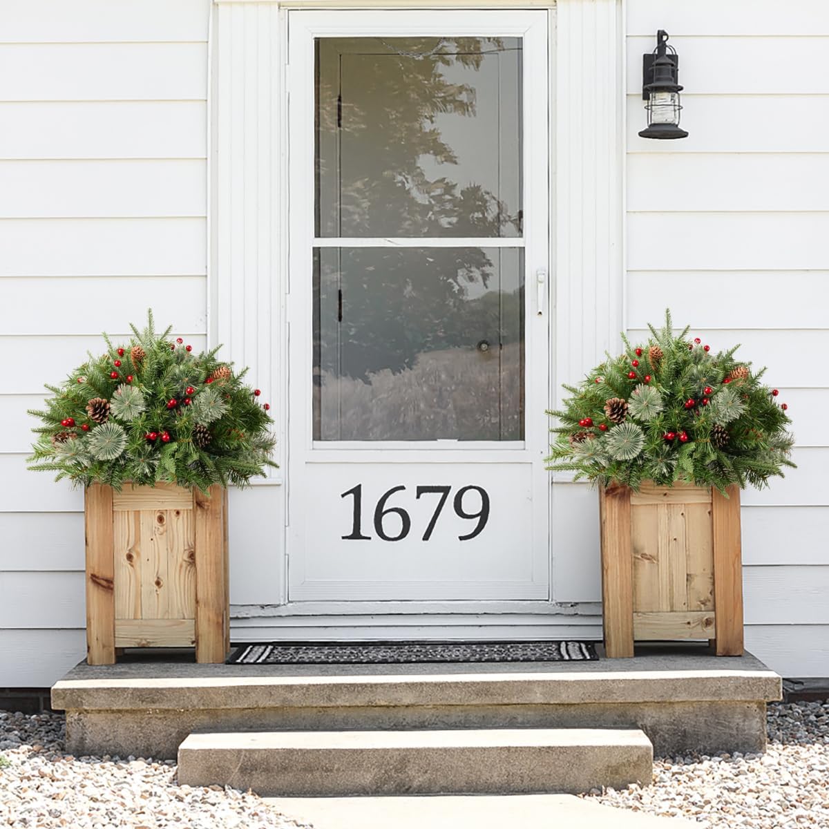 Somikis Set of 2 Outdoor Christmas Tree Urn Filler, Battery Operated Pre-lit Artificial Small Xmas Tree, w/LED Lights and Pine Cones & Red Berries, 22 Inch