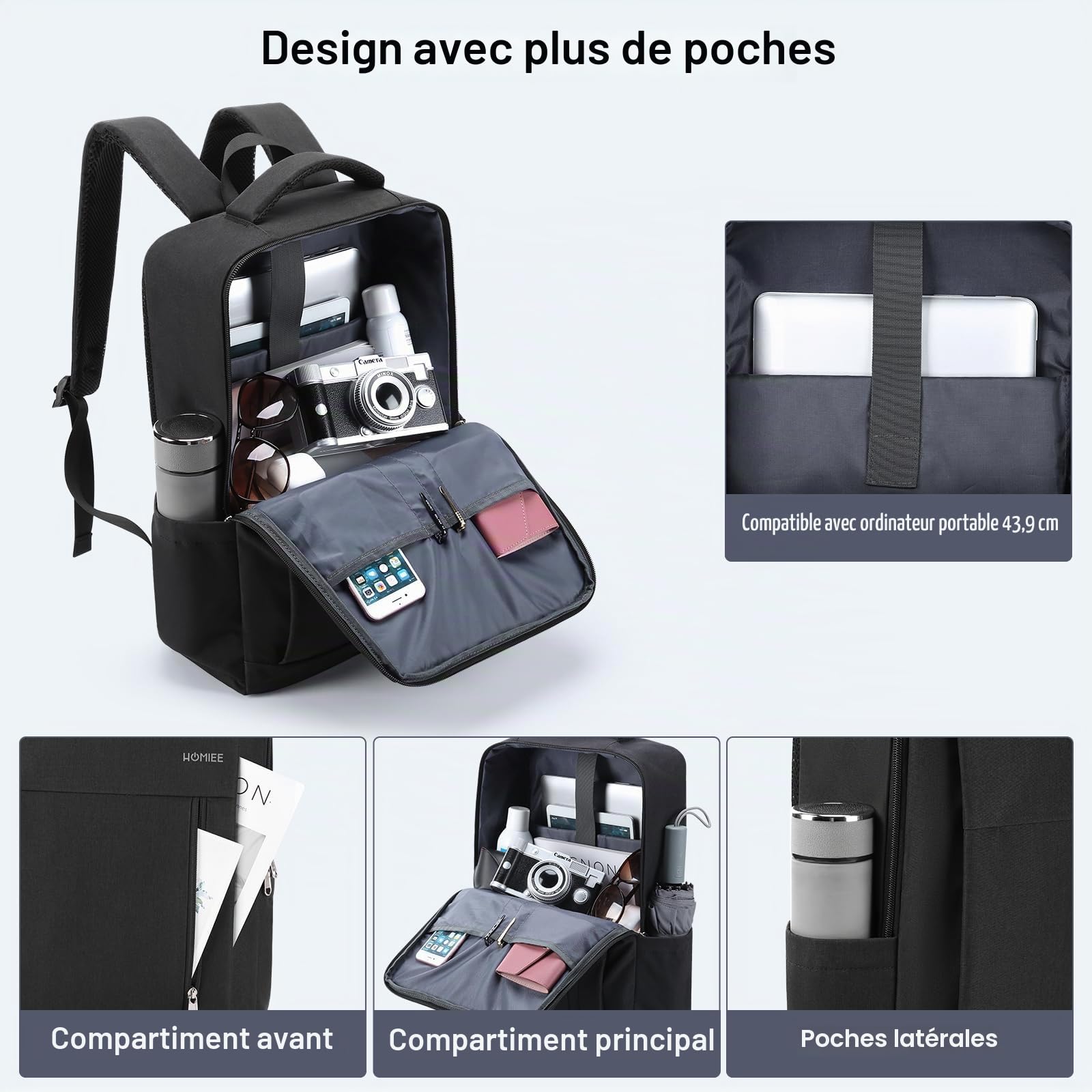 HOMIEE Sac à Dos Ordinateur 17 Pouces, Sac à Dos PC 17,3" Grande Capacité Homme Femme, Antivol Travail Voyage Loisirs Affaire Scolaire, Noir (Noir)