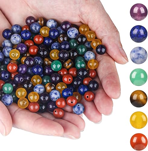 Miniatura 2 de Cuentas de piedra natural de 7 chakras de 0.236in, 100 cuentas redondas de cristal sueltas multicolor mezclado con cordón elástico de cristal para