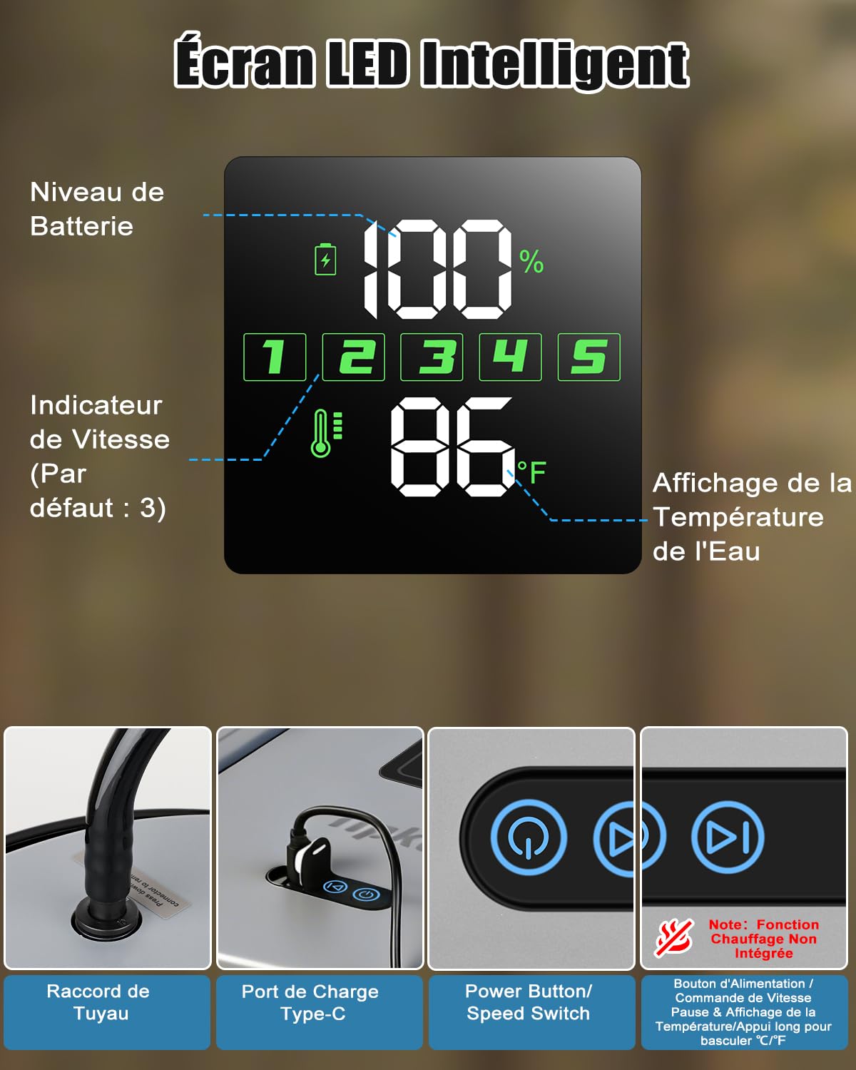 Douche de Camping, [IPX8-20L/13000mAh] Douche Portable,Pliable, écran LED,Longue Durée,5 Vitesses Réglables, Type-C, pour Fruits, Bain des Animaux Domestiques,Voyages,Camping,Gift