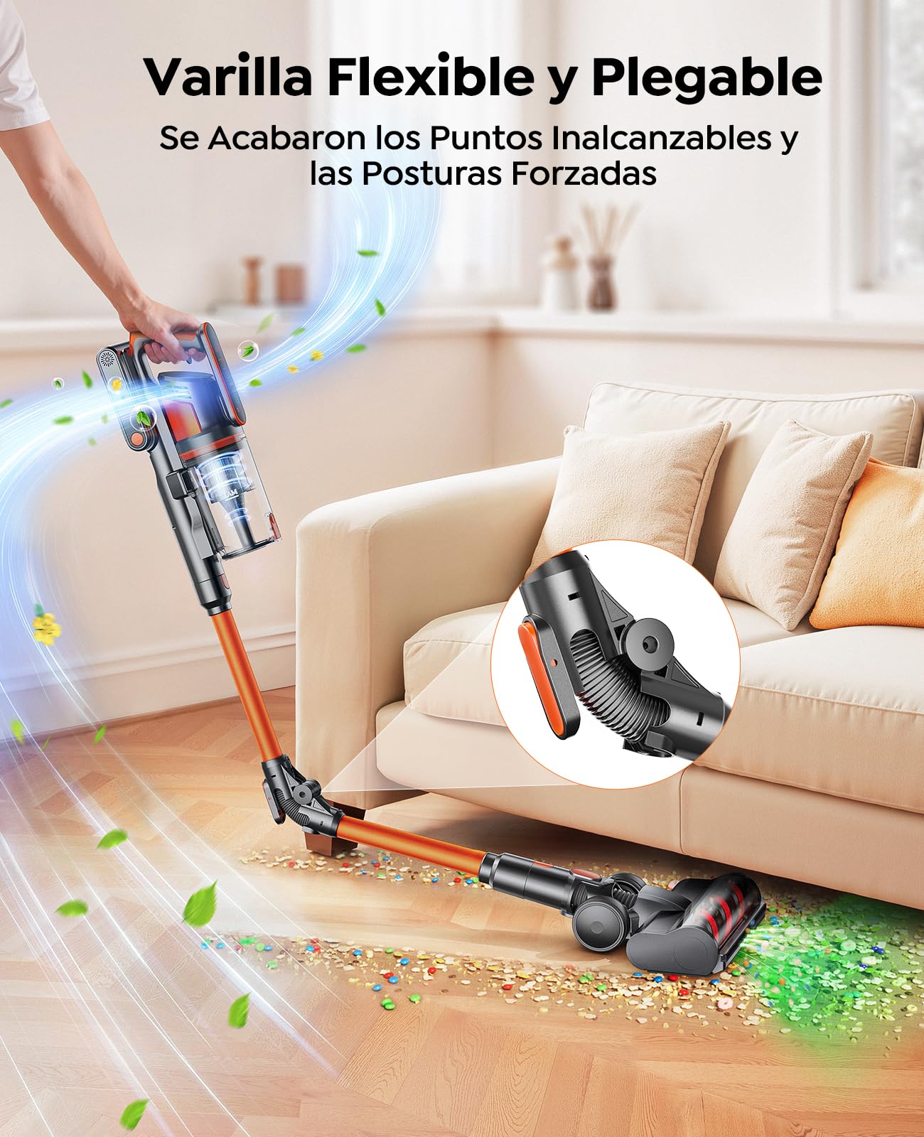 Fieety Aspiradora sin Cable 50KPa/650W/70Min(ECO), Aspiradora Escoba Potente con Brazo Flexible, Manguera 1M, Cepillo Anti-Enredo con Luz, Modo Auto, Aromática, Carga Pared, para Suelos/Alfombras/Pelo