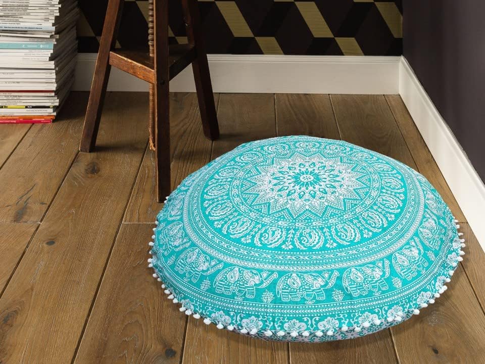 Miniatura 4 de Almohadas redondas para el suelo con estampado de elefante, funda de meditación con mandala, diseño floral para el hogar (funda de almohada de 32