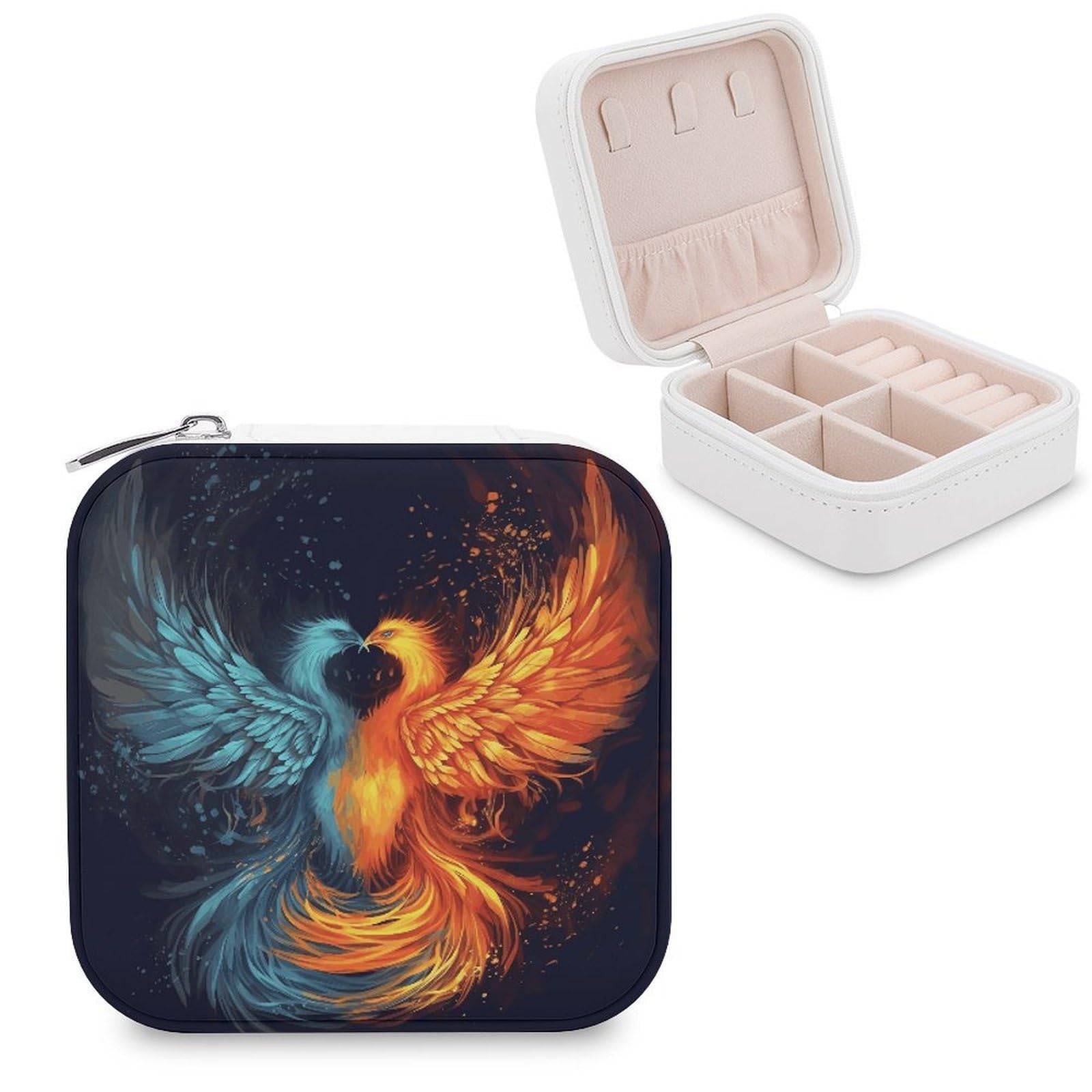 VstaDank Fire And Water Phoenix Jewelry Box Exquisite Leather Jewelry Organizer Portable Trinket Organizer Fashion Travel Jewelry Case for Rings Earrings Necklaces Unique Gifts for Women