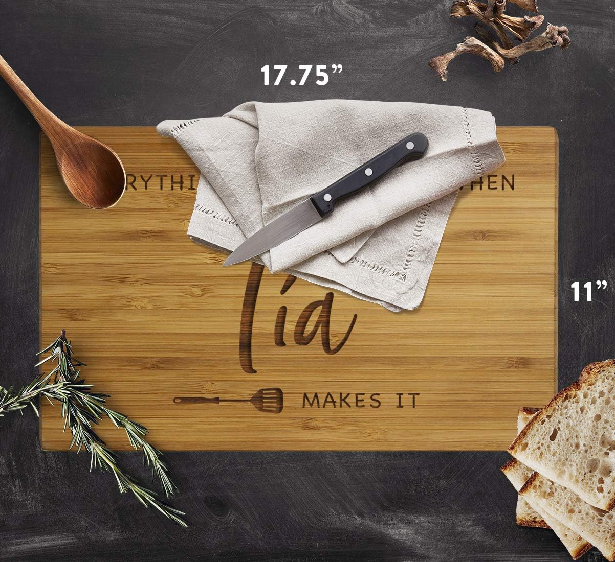Andaz Press Large Bamboo Wood BBQ Cutting Board Gift, 17.75 x 11-inch, Everything Tastes Better When Tía Makes It, 1-Pack, Engraved Serving Chopping Board Christmas Birthday Chef Kitchen Ideas - Image 5