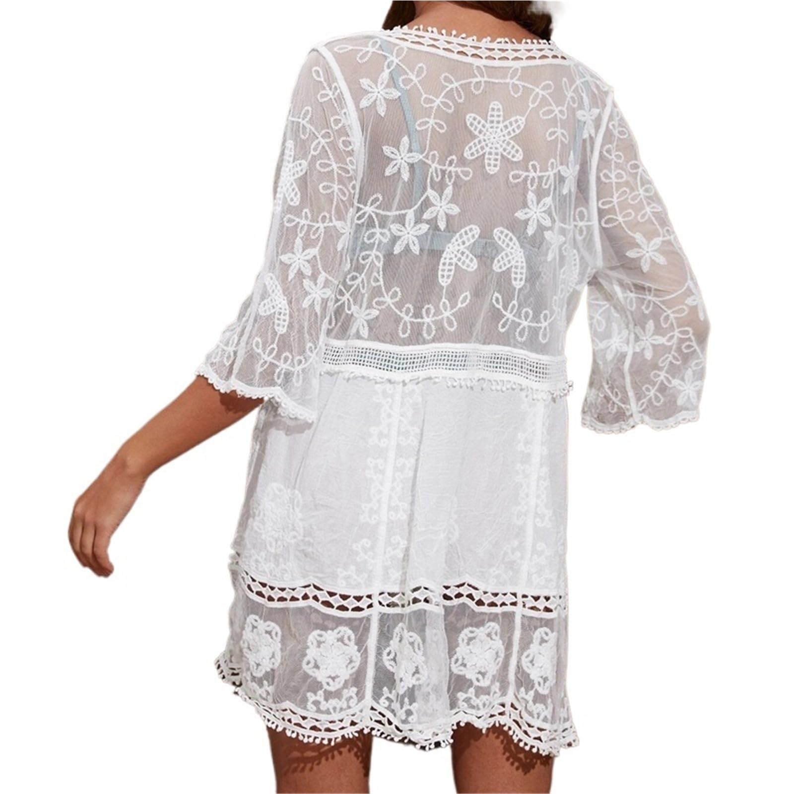 Copricostume Donna Costume da Bagno Sexy con Scollo a V Profondo Copricostume in Bikini a Rete Donna Abito Estivo Svasato in Pizzo a Maniche Corte Spiaggia Allentato