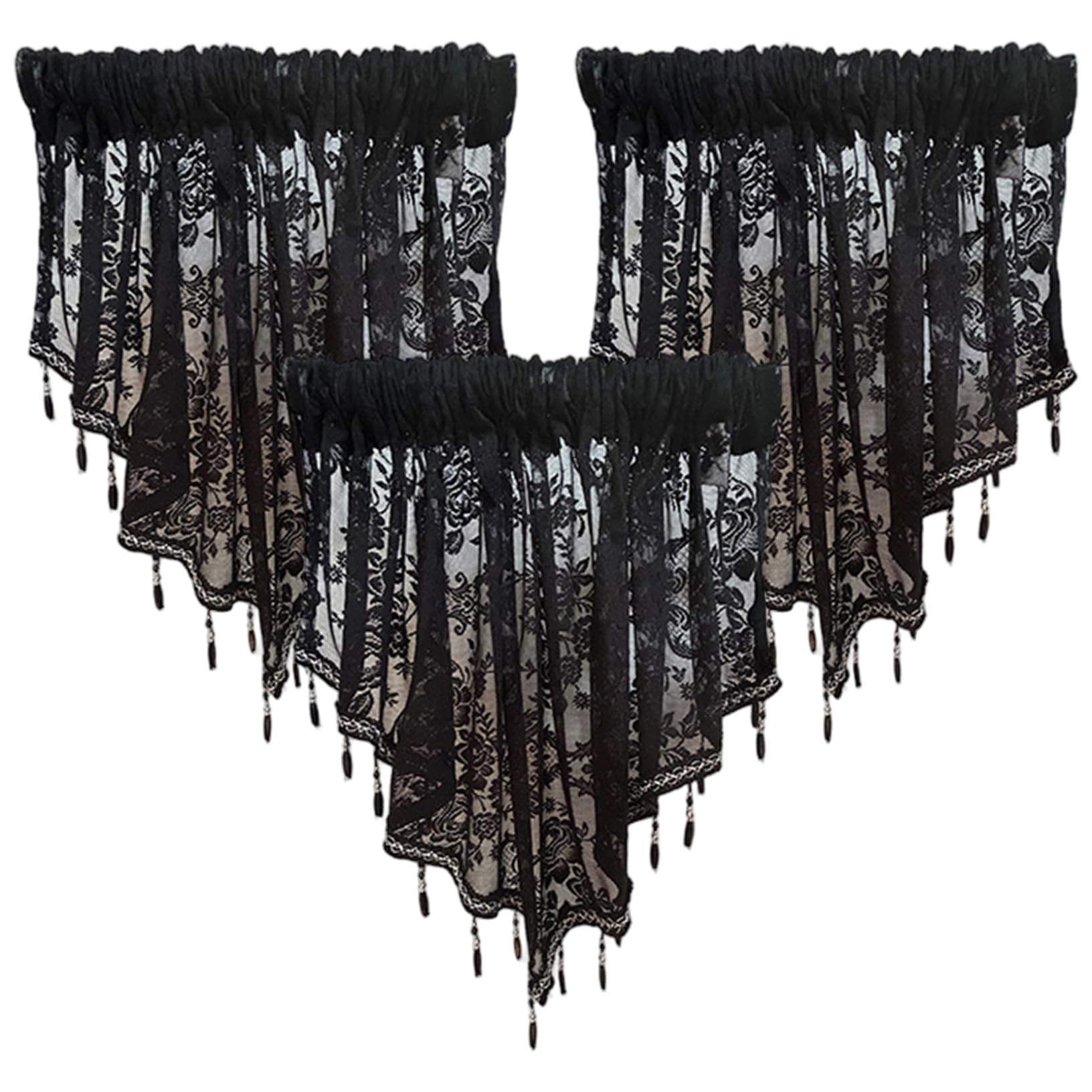 Striegro Halloween Valance 3 Pcs, Sheer Beaded, Black, 51.2x23.6in..