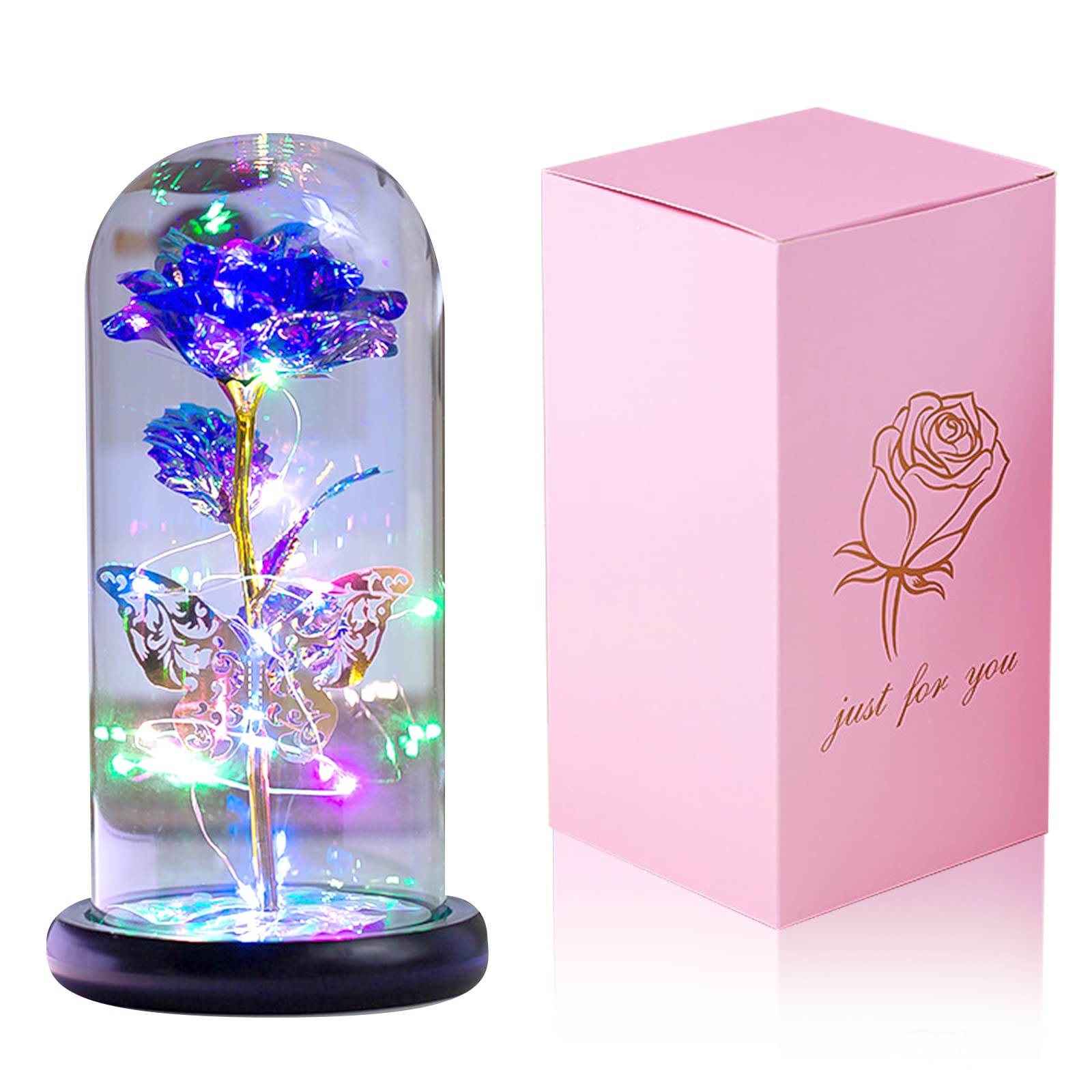 FencyLight-Up Artificial Preserved Flowers in Glass Dome, Romantic Rose Gift for Women Lover Girlfriend Mom Wife, Fake Rose Home Decoration with LED Lamp