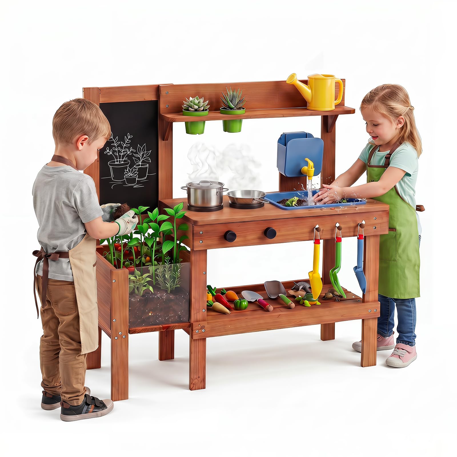 COSTWAY Cucina Giocattolo per Bambini, in Legno, per Bambini 3+ Anni | Cucinetta da Esterno con Fioriera, Lavagna, Rubinetto e Serbatoio, Cucina da Fango Interattiva con Accessori per Giardinaggi