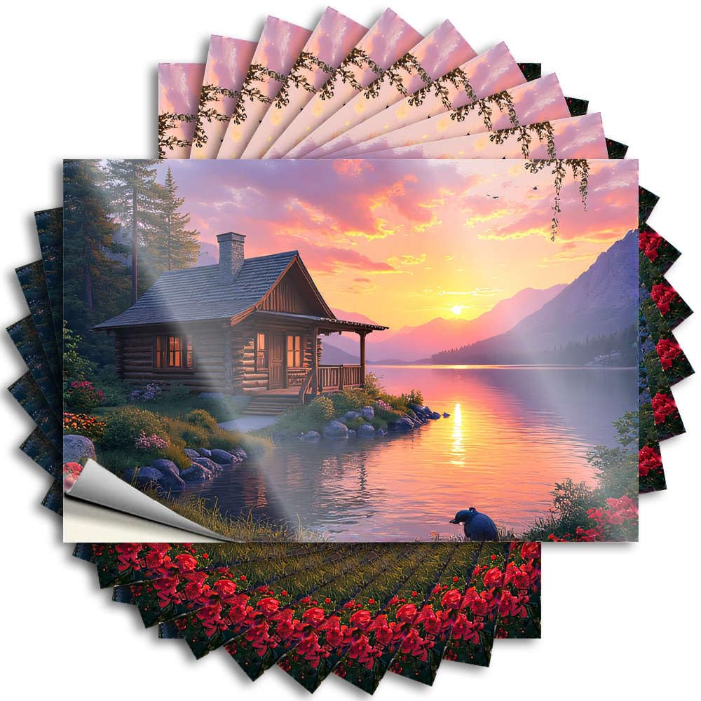 Fzfn Colour Bumper Window Winter Log Cabin By The Lake At Sunset For Diatomaceous - Beer Decor Easy Peel Removable(8X12cm)