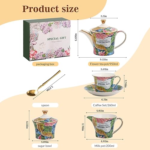 Miniatura 7 de ACMLIFE Juego de té para adultos, juego de té de porcelana verde de hueso de 21 piezas para mujeres con tetera, cuenco de azúcar, jarra de crema,
