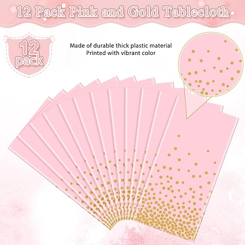 Miniatura 4 de Paquete de 12 manteles de plástico rosa y dorado para fiestas, manteles desechables rosa para mesas rectangulares, mantel de punto con estampado
