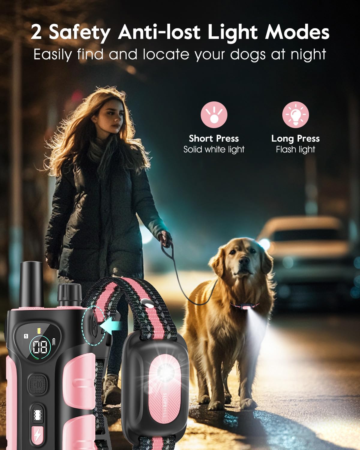SLOPEHILL Dog Shock Collar,4200FT Dog Training Collar with Remote,IPX8 Waterproof E-Collar with Beep,Vibration,Shock,Flash Light,No Shock Mode,Electric Shock Collar for Small Medium Large Dog,Pink - image 3