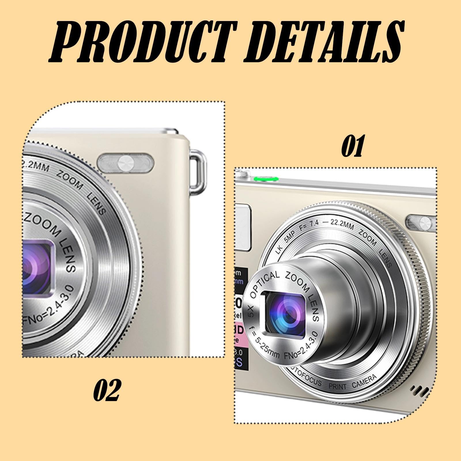 Cámara Digital Robusta, portátil, 5X, Profesional, compacta, versátil, Accesorio de Juguete para Viajes, Estudio, grabación, Vlogs y conciertos, Dorado Champagne