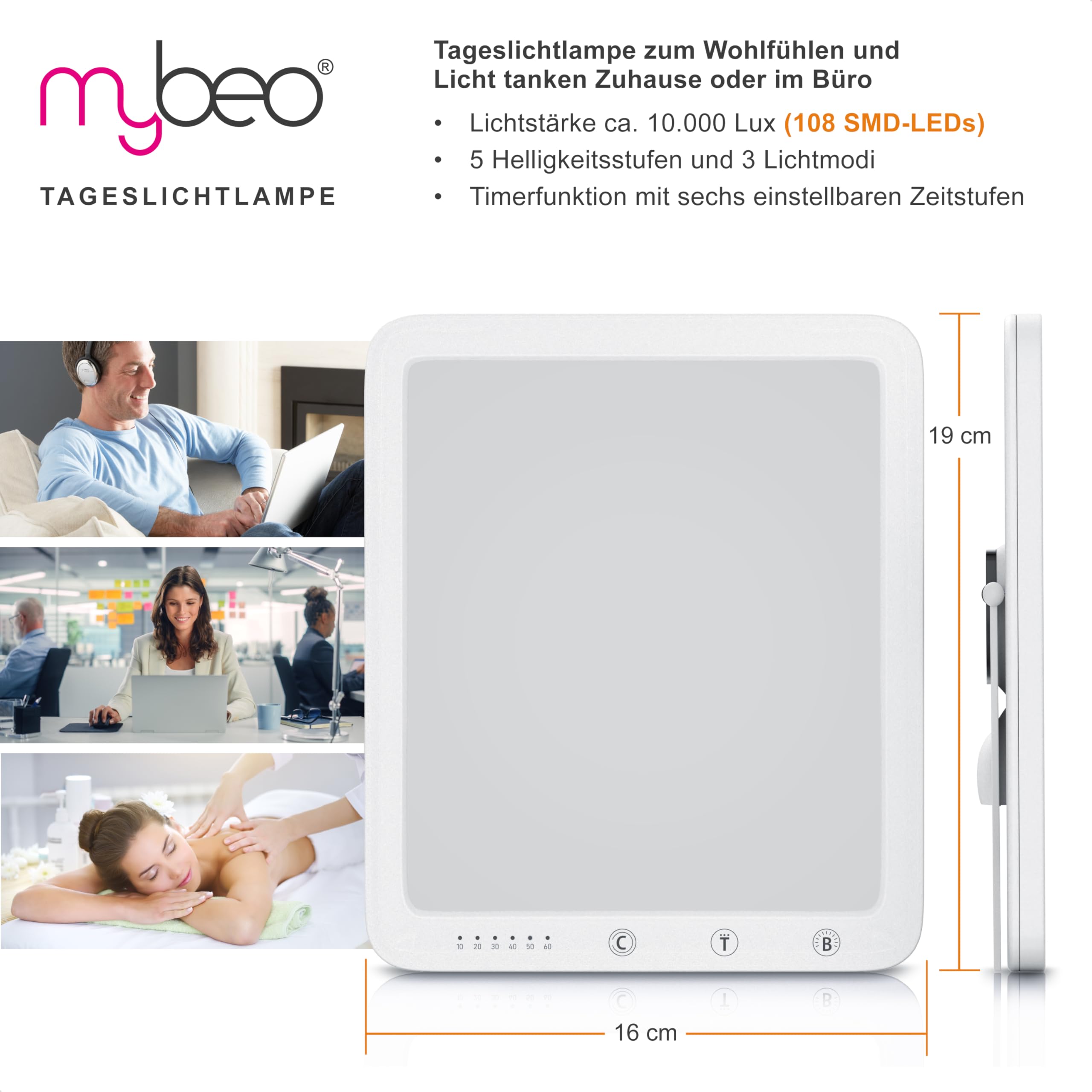 CSL Tageslichtlampe 10000 Lux dimmbar LED Lichttherapie Tageslichtleuchte 5 Helligkeitsstufen 3 Lichttemperaturen Timer