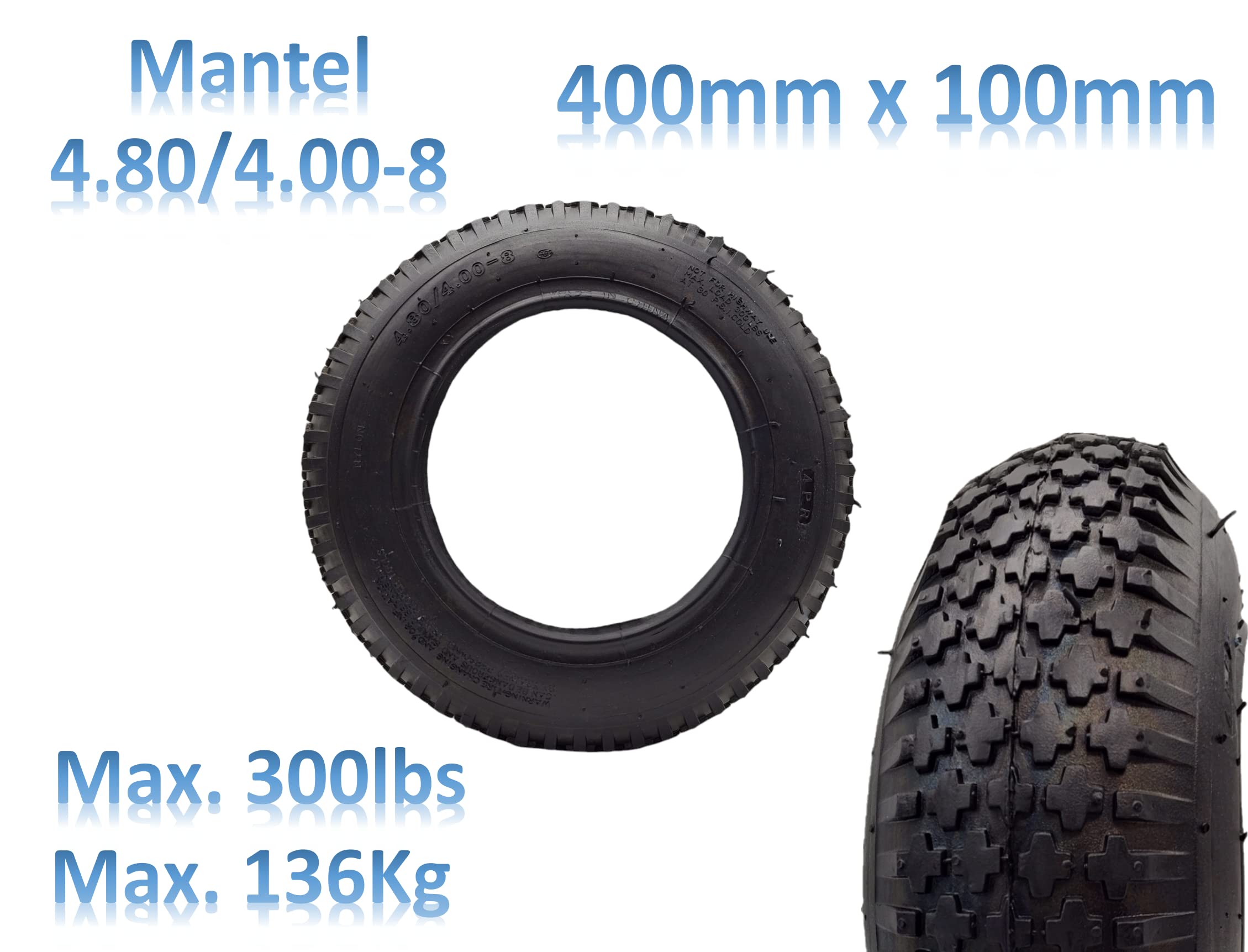 4X HMH-Shop Schubkarren Set Mantel + Schlauch 4.80/4.00-8 Schubkarrenmantel 4er Set Decke Schubkarrenschlauch 4.80 Ersatzreifen 4.00-8 Karre Luftreifen 4 Stück Reifendecke 400x100mm Innenschlauch