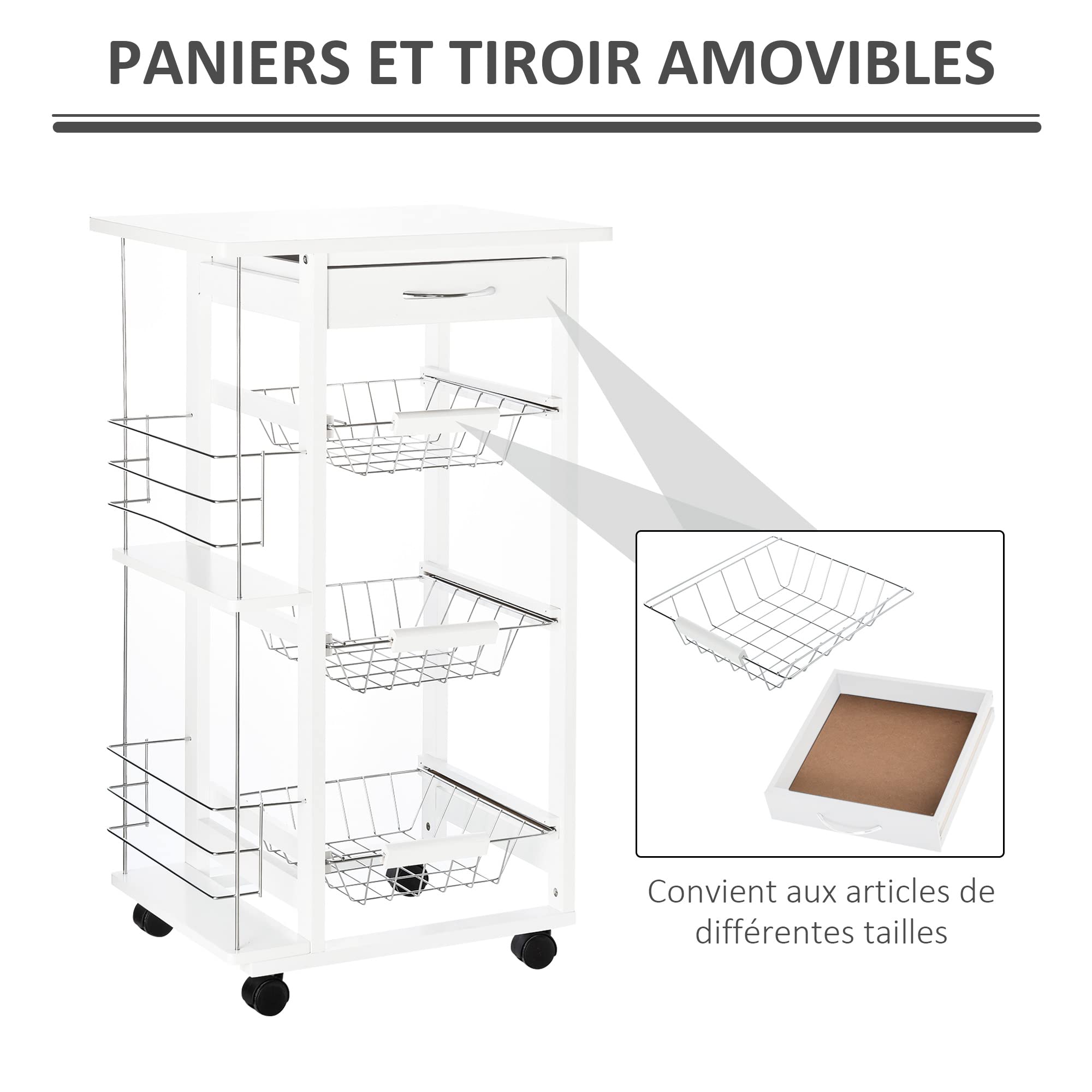 HOMCOM Chariot de Service Desserte de Cuisine à roulettes Bois Pin Blanc | Multi-Rangements, 3 Paniers Métal, Tiroir, 2 Range-Bouteilles