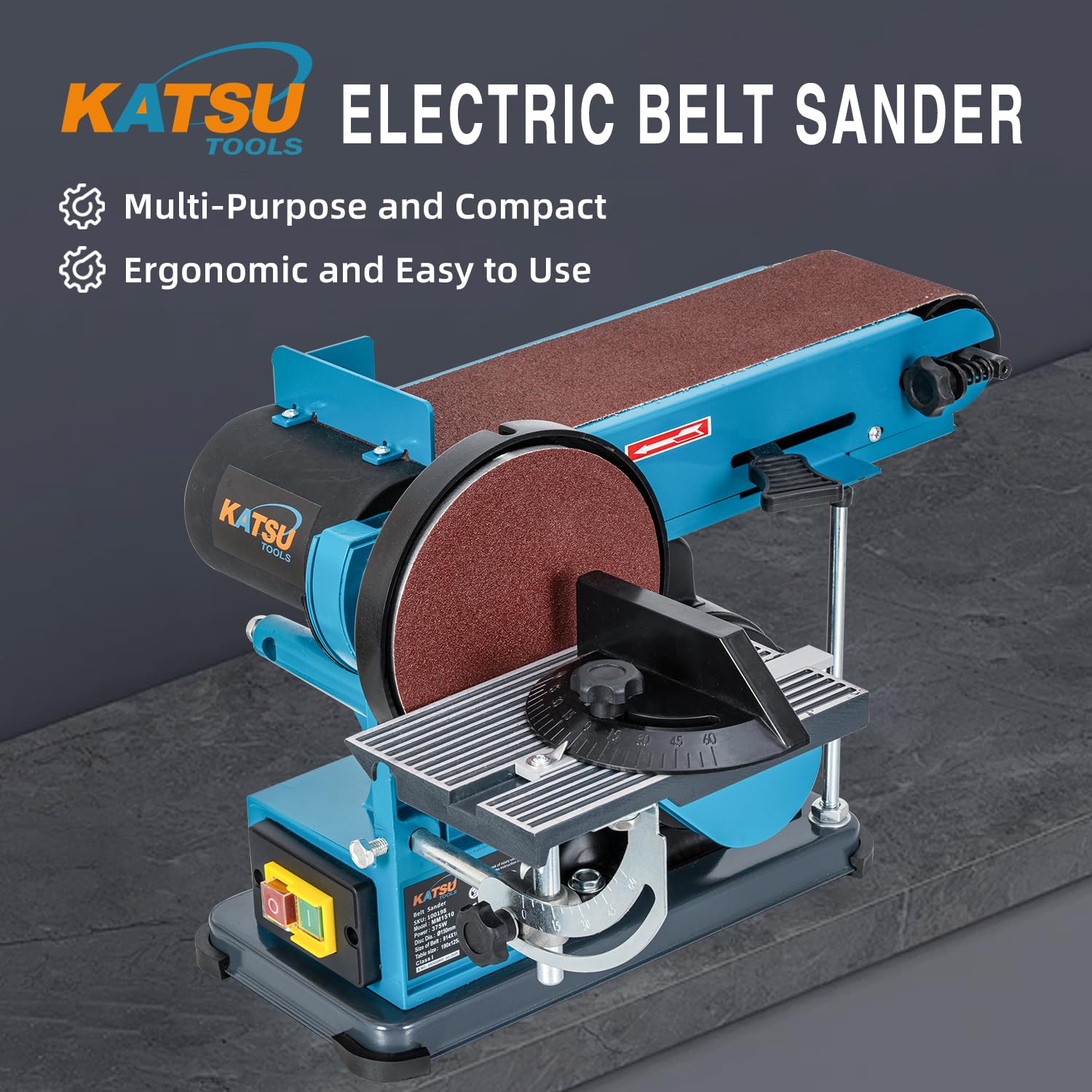 KATSU Tools Lijadora de banda y disco 375 W – disco 150 mm, banda 100×914 mm, mesa ajustable, extracción polvo, madera/metal/plástico | Mesa ajustable y extracción de polvo, ideal para madera y metal, acabado preciso, modelo 100198
