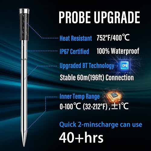 Miniatura 6 de Termómetro inteligente Bluetooth para carne  Termómetro digital inalámbrico para carne con sondas duales, control de aplicación, monitoreo de