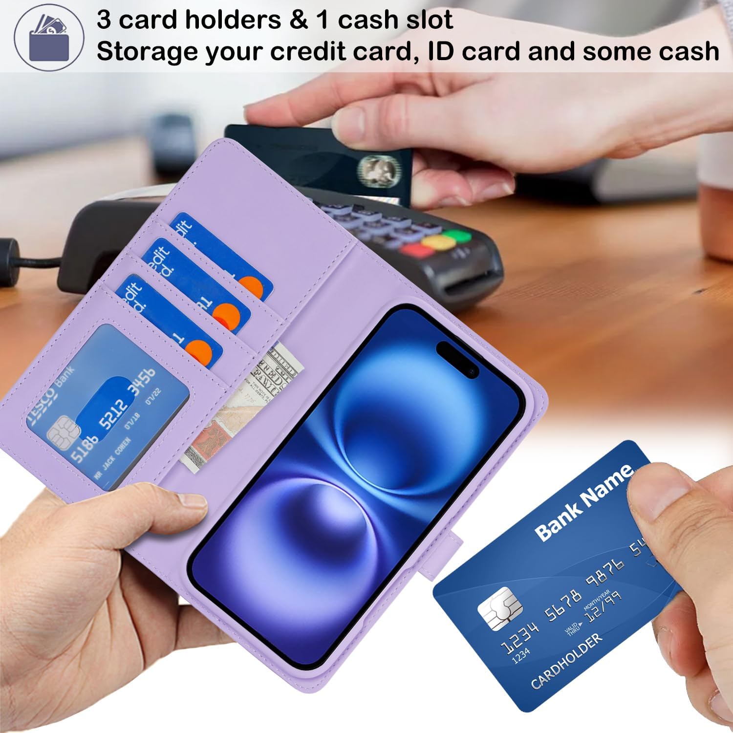 Ｈａｖａｙａ for iPhone 16 Case Detachable Wallet Case with Card Holder，2 in 1 Pu Leather Flip Folio Credit Card Slots Stand Compatible Magsafe Magnetic Shockproof Phone Cover (6.1")-Purple