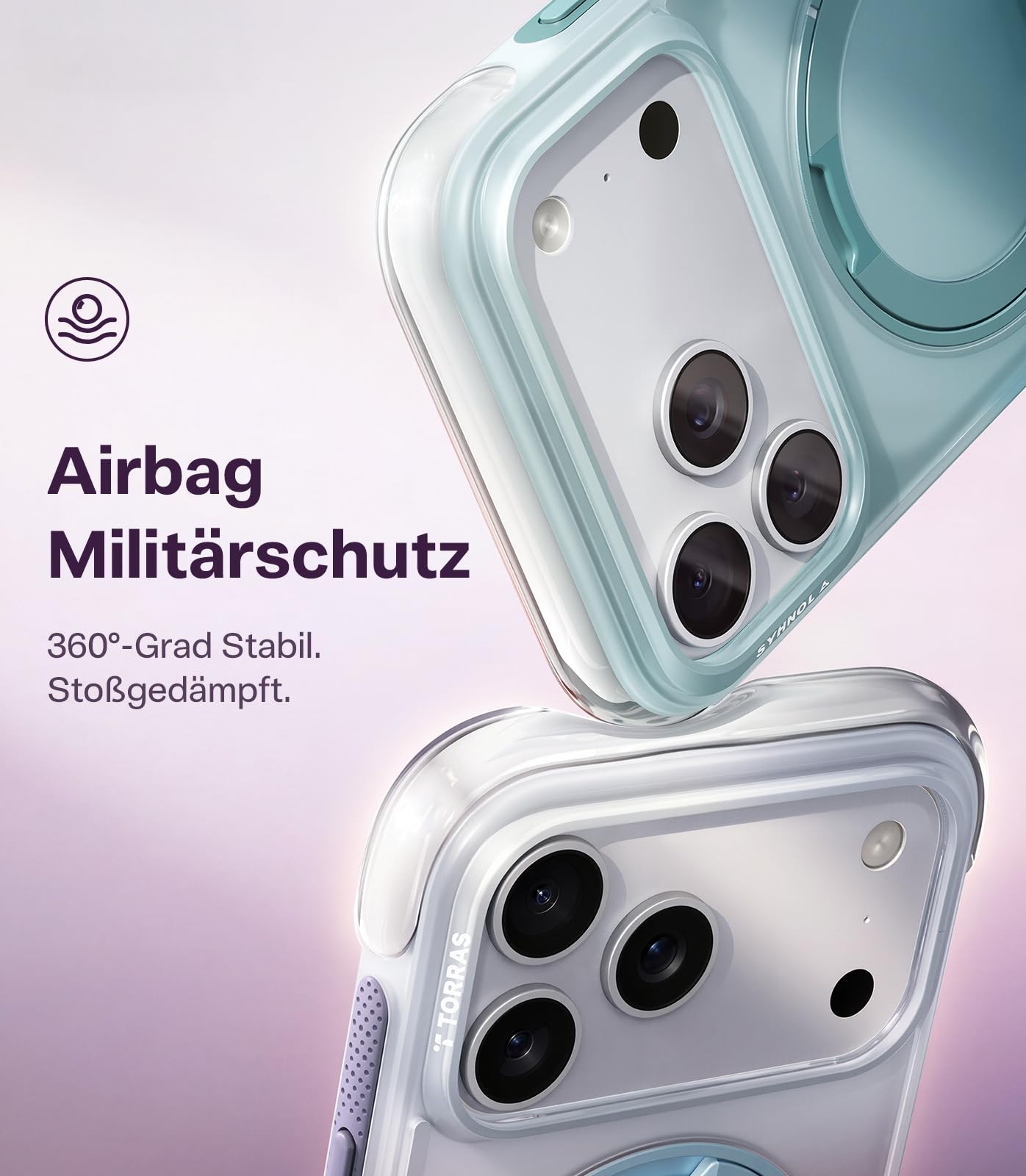 TORRAS Ostand O3 Air für iPhone 17 Pro Hülle Airbag Silber-Lila Verlauf | 360° Drehbarer Ständer, mit MagSafe Handyhülle für Frauen, Stoßfeste Militärschutz Tasche mit DIY-Tasten & Ringhalter