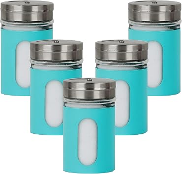 Aqua Salt Pepper Shakers Retro Spice Jars Glass - Set of 5