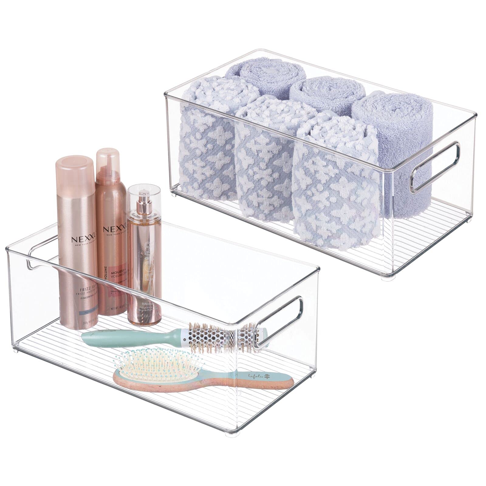 mDesign Juego de 2 cajas de plástico con asas – Organizador transparente con diseño atractivo – Cajas organizadoras para accesorios de baño, cosméticos y otros utensilios – transparente