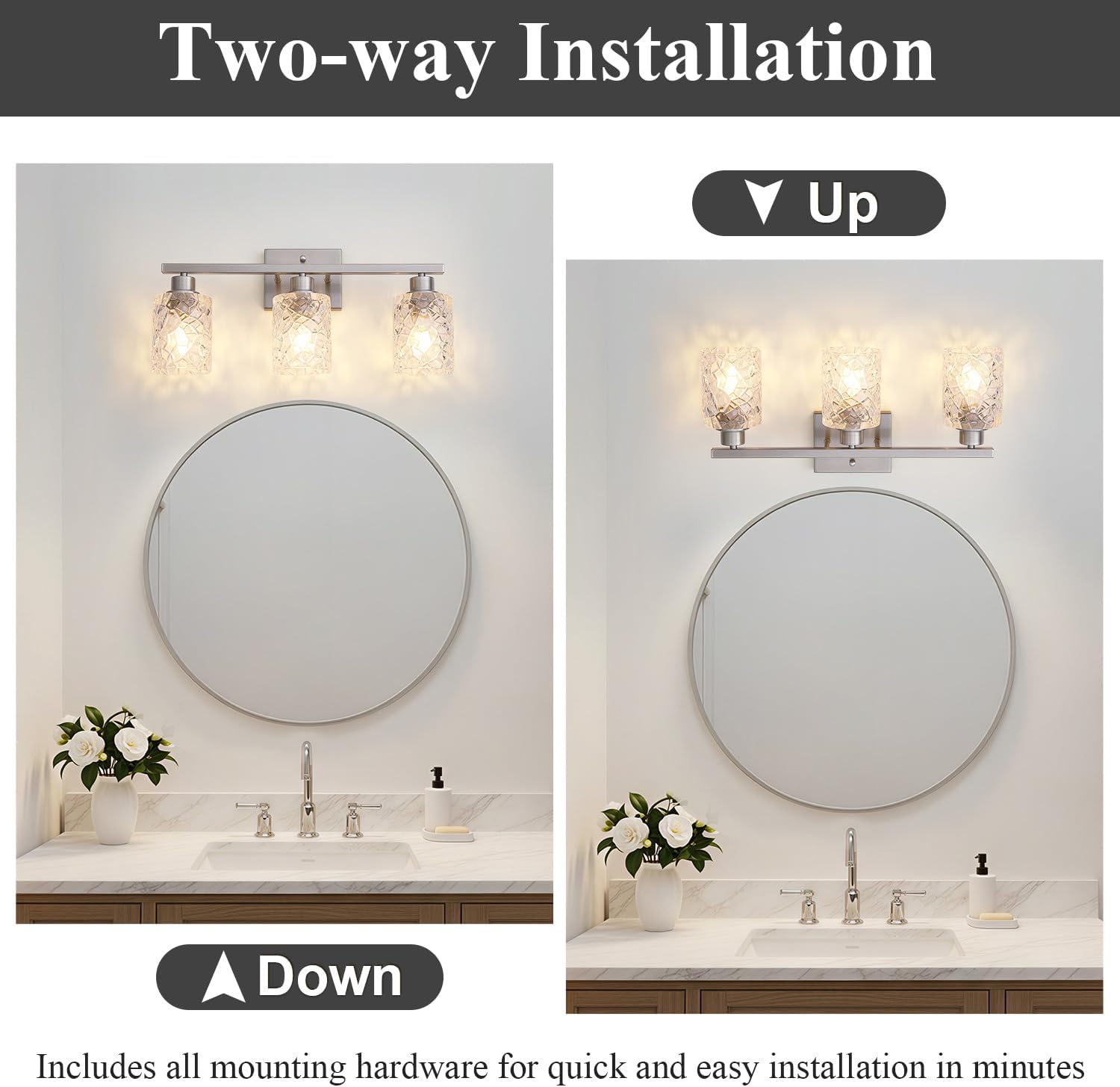 Mecgirn Stainless Steel Bathroom Vanity Light Over Mirror, 3 Light Brushed Nickel Bathroom Light Fixtures with Textured Glass Shades, Ceramic E26 Sockets Wall Mounted