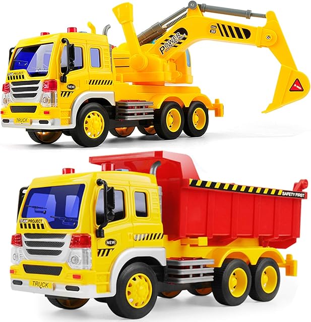 GizmoVine Dumper Digger Toys 2 Pcs Construction Vehicles Toy Trucks Set With Music & Light , Excavators Dump Truck Toys Building Educational Toys for Boys Girls Children Age 2 3 4 5